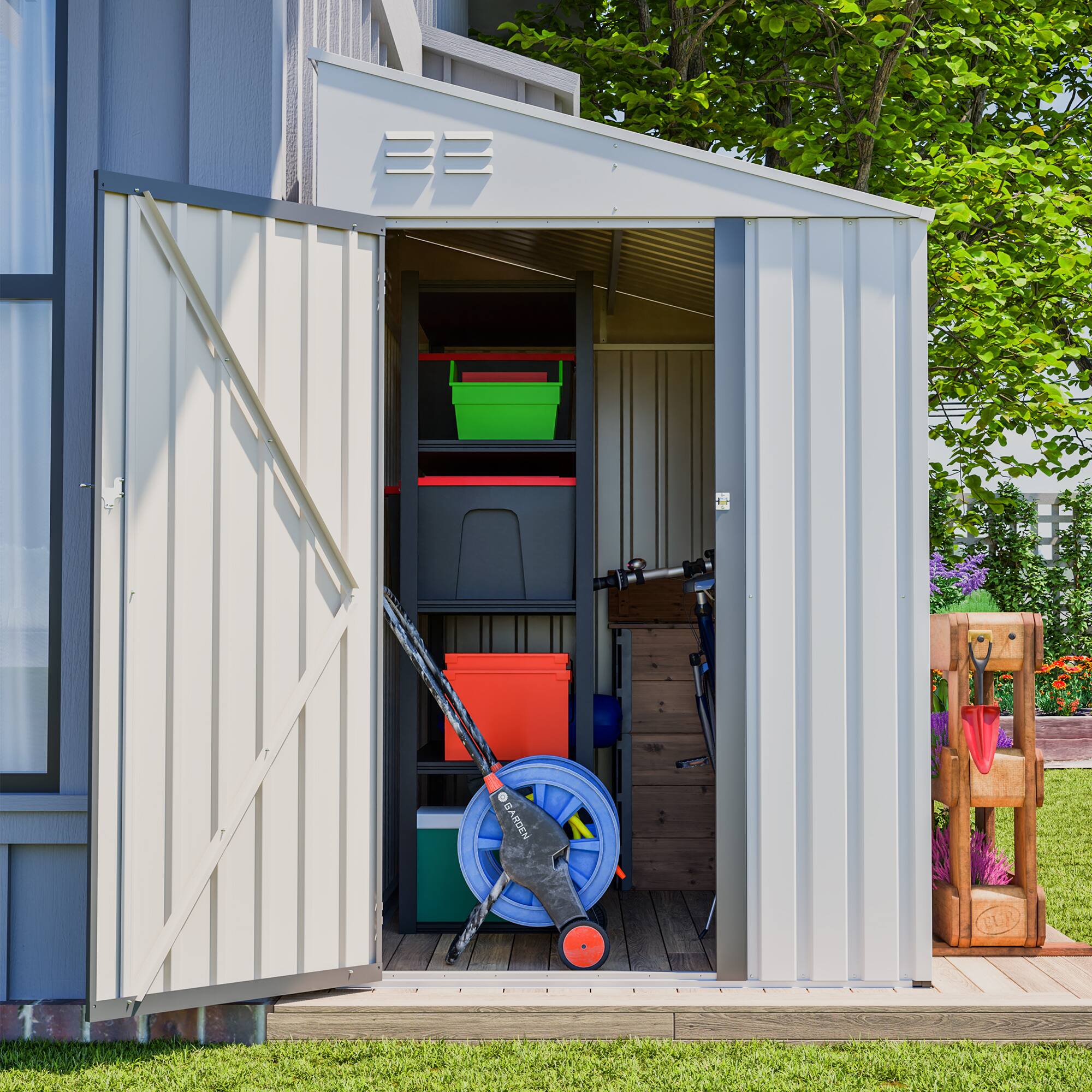 Angle. Anysun - 4x7 Foot Heavy-Duty Metal Storage Shed with Lockable Door, Outdoor Garden & Bike Shed, Easy Assembly - White.