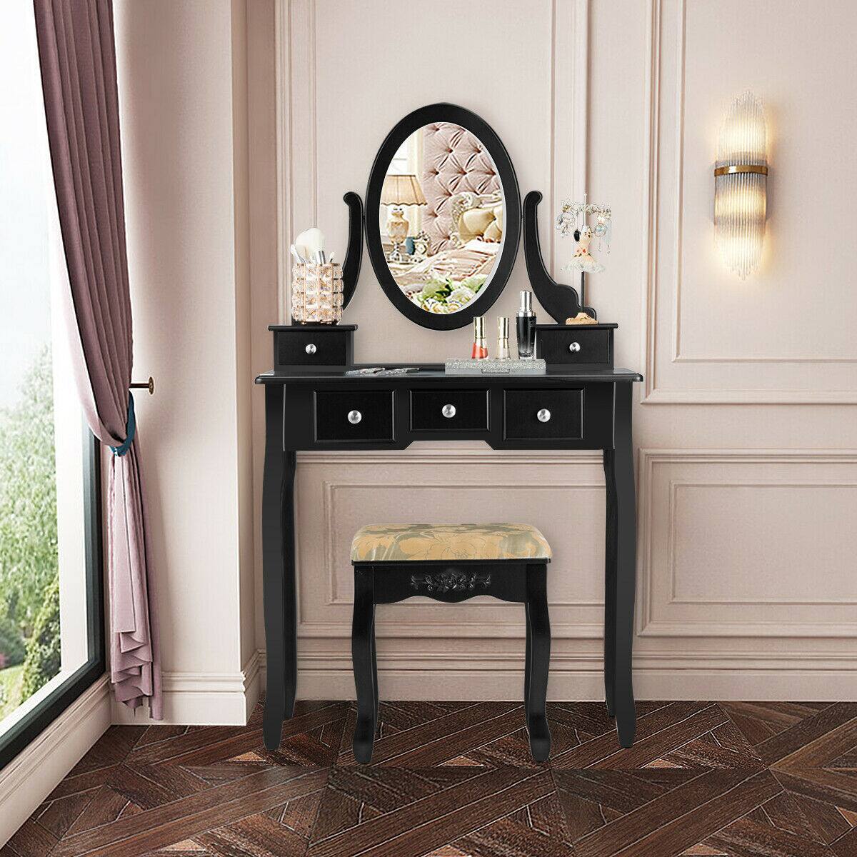 Alt View 3. Costway - Costway Vanity Table Dressing Table 5 Make Up Table Stool - Black.