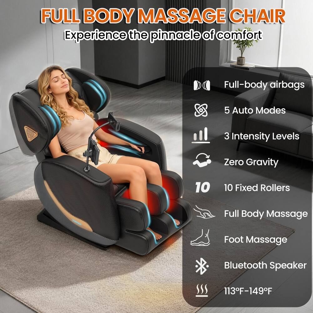 FULL BODY MASSAGE CHAIR  
Experience the pinnacle of comfort

- Full-body airbags
- 5 Auto Modes
- 3 Intensity Levels
- Zero Gravity
- 10 Fixed Rollers
- Full Body Massage
- Foot Massage
- Bluetooth Speaker
- 113°F–149°F
