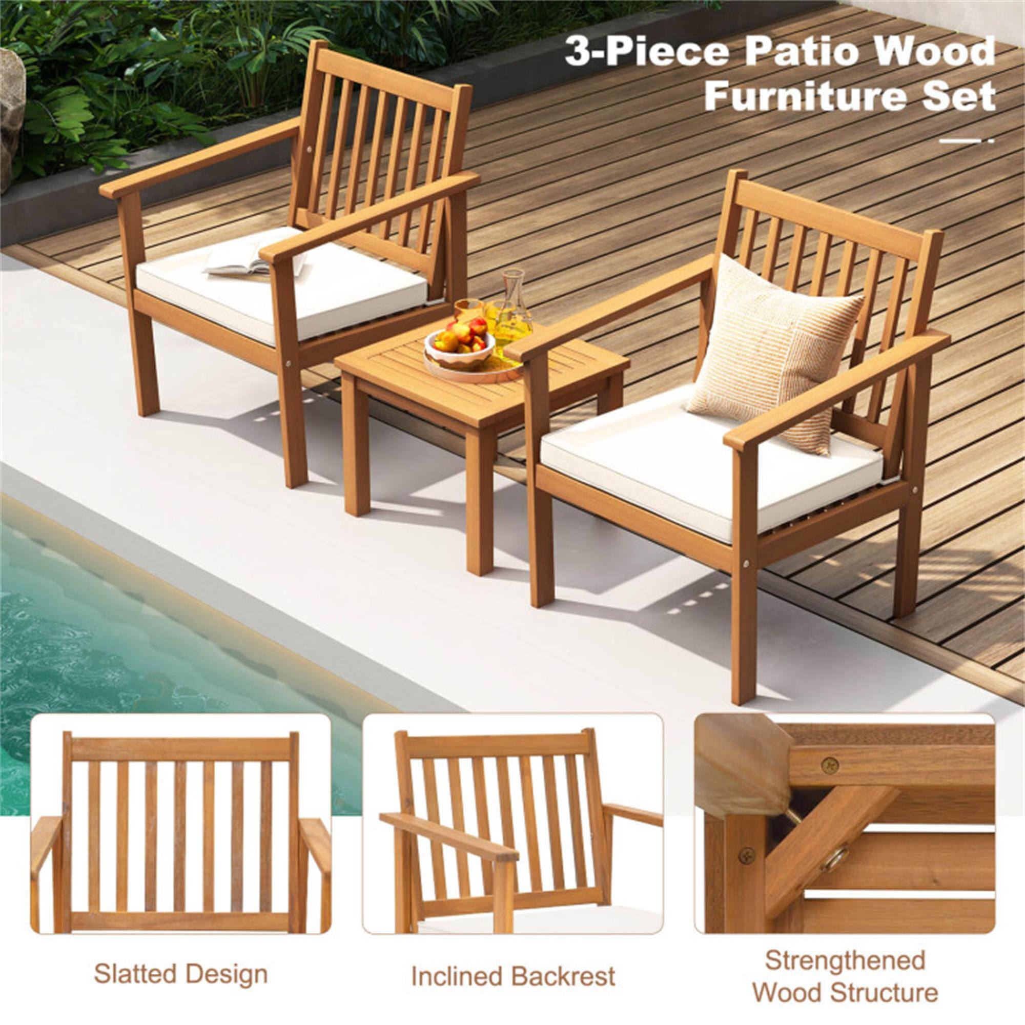 3-Piece Patio Wood Furniture Set

- Slatted Design
- Inclined Backrest
- Strengthened Wood Structure