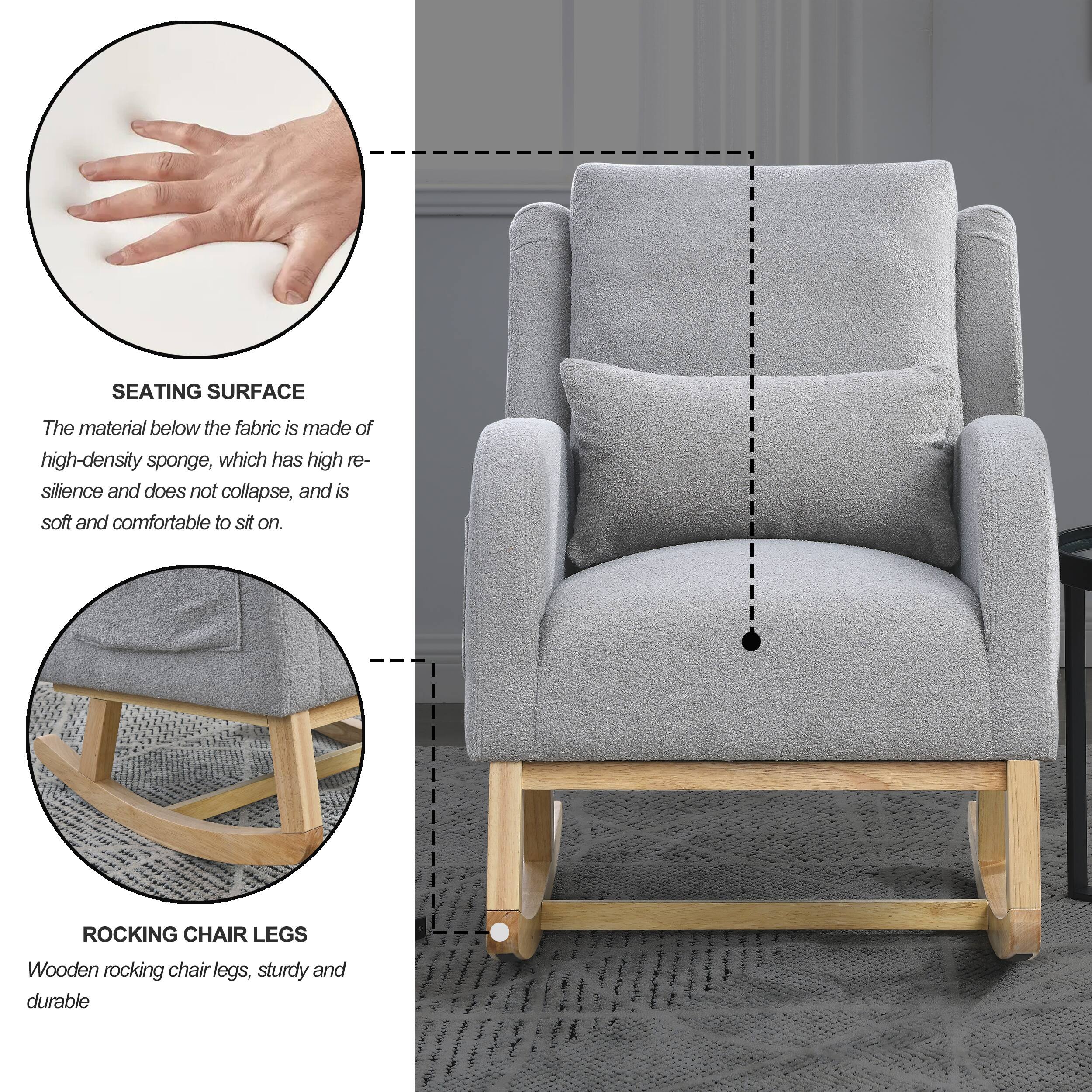 SEATING SURFACE  
The material below the fabric is made of high-density sponge, which has high resilience and does not collapse, and is soft and comfortable to sit on.

ROCKING CHAIR LEGS  
Wooden rocking chair legs, sturdy and durable