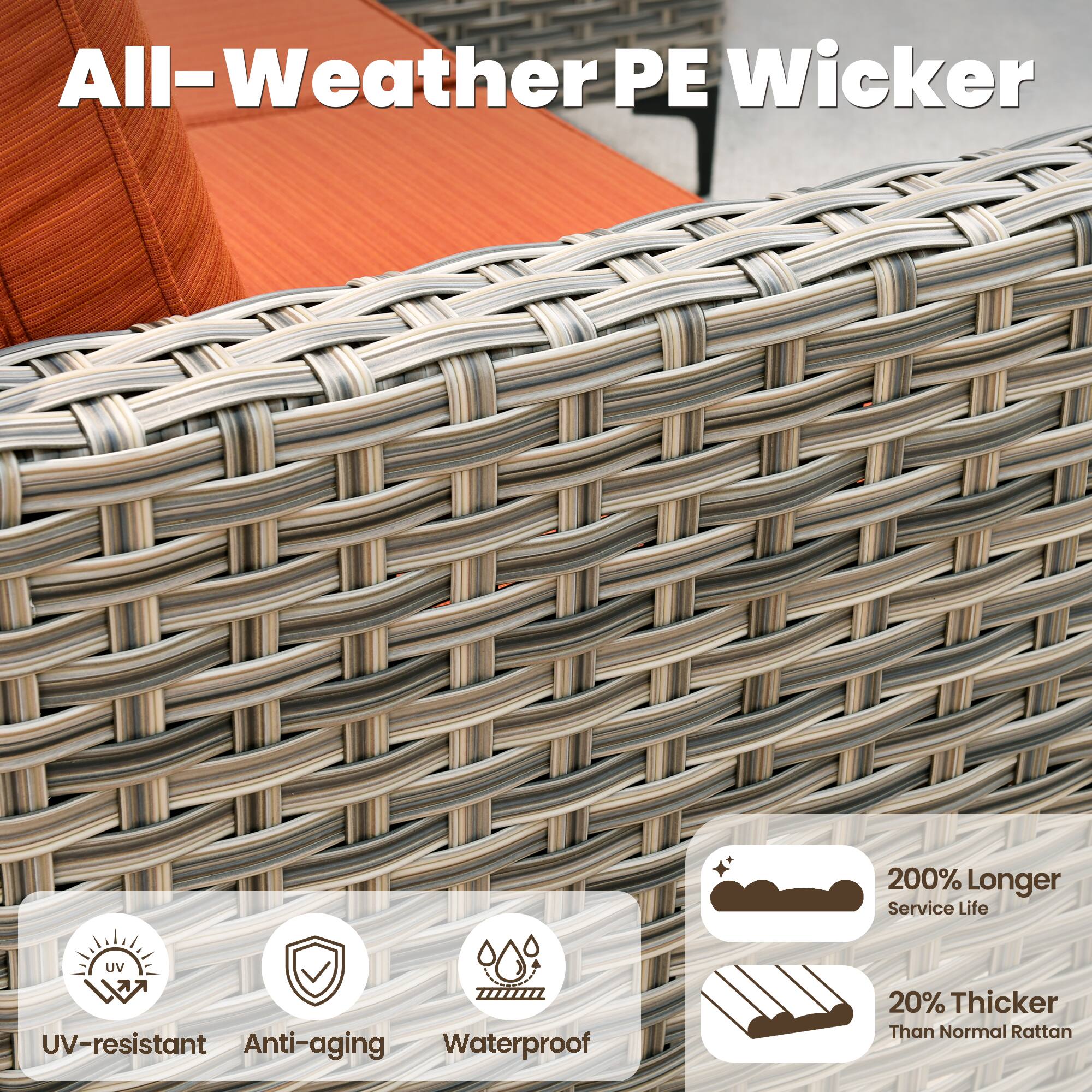 All-Weather PE Wicker

- UV-resistant
- Anti-aging
- Waterproof
- 200% Longer Service Life
- 20% Thicker Than Normal Rattan
