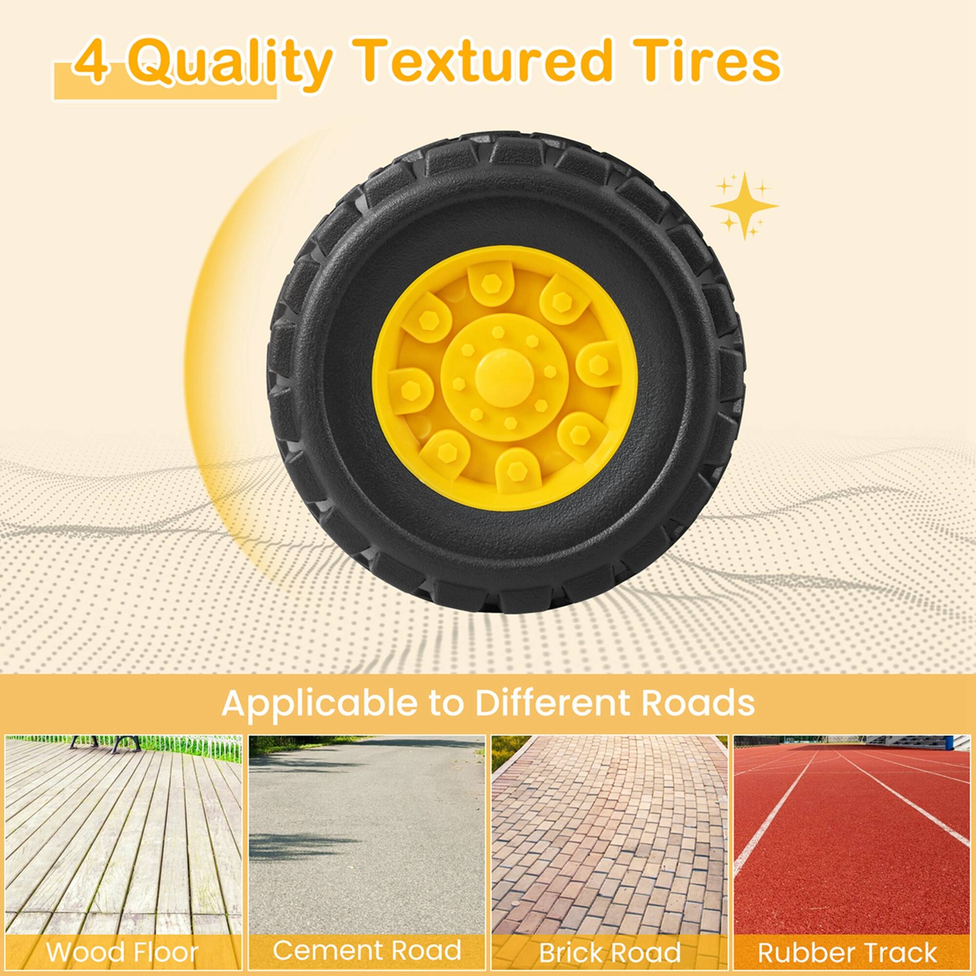 4 Quality Textured Tires

Applicable to Different Roads

Wood Floor  
Cement Road  
Brick Road  
Rubber Track