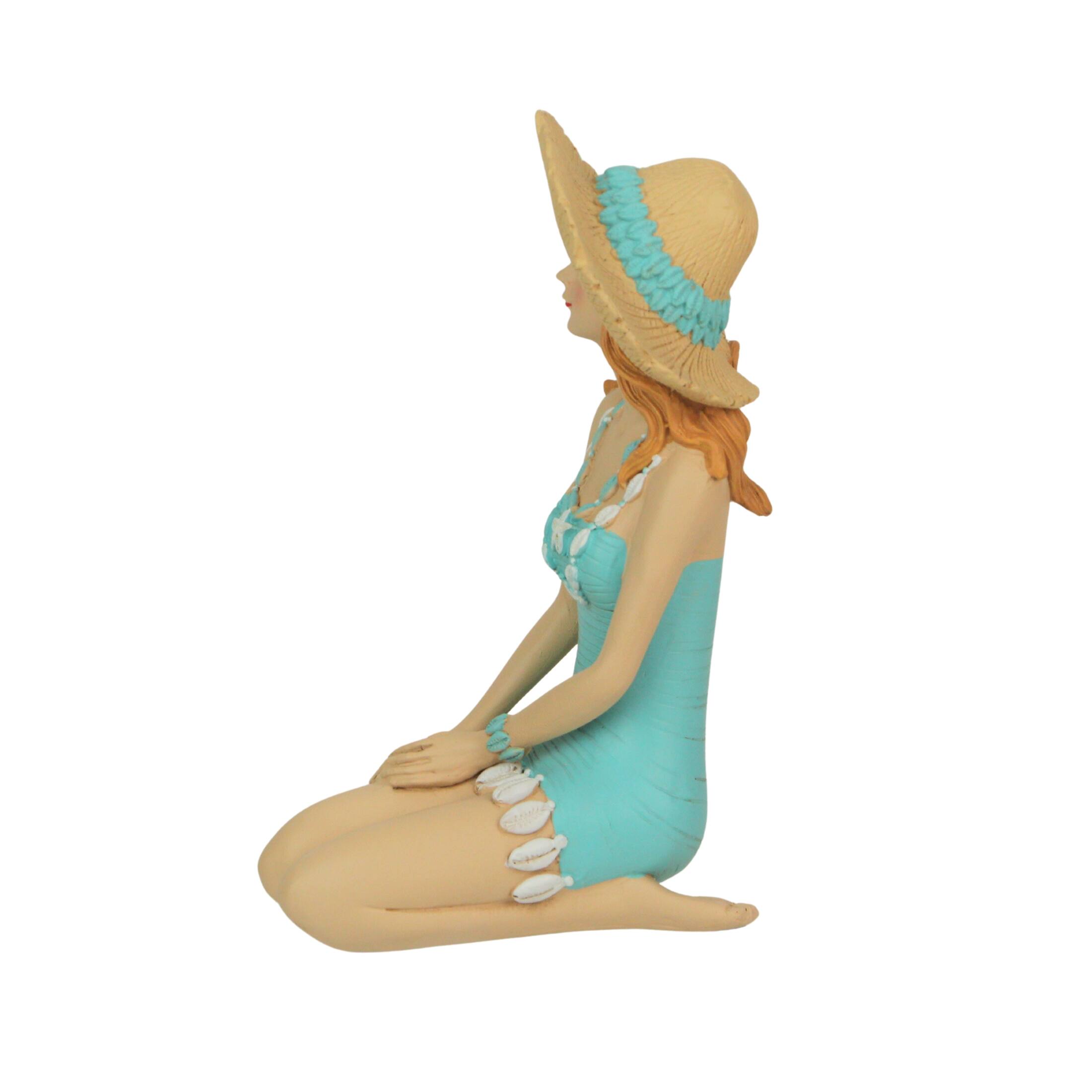 Alt View 2. Fancy That - Charming Redhead Bathing Beauty Figurine – 7.75", Straw Hat, Coastal Decor - Teal.