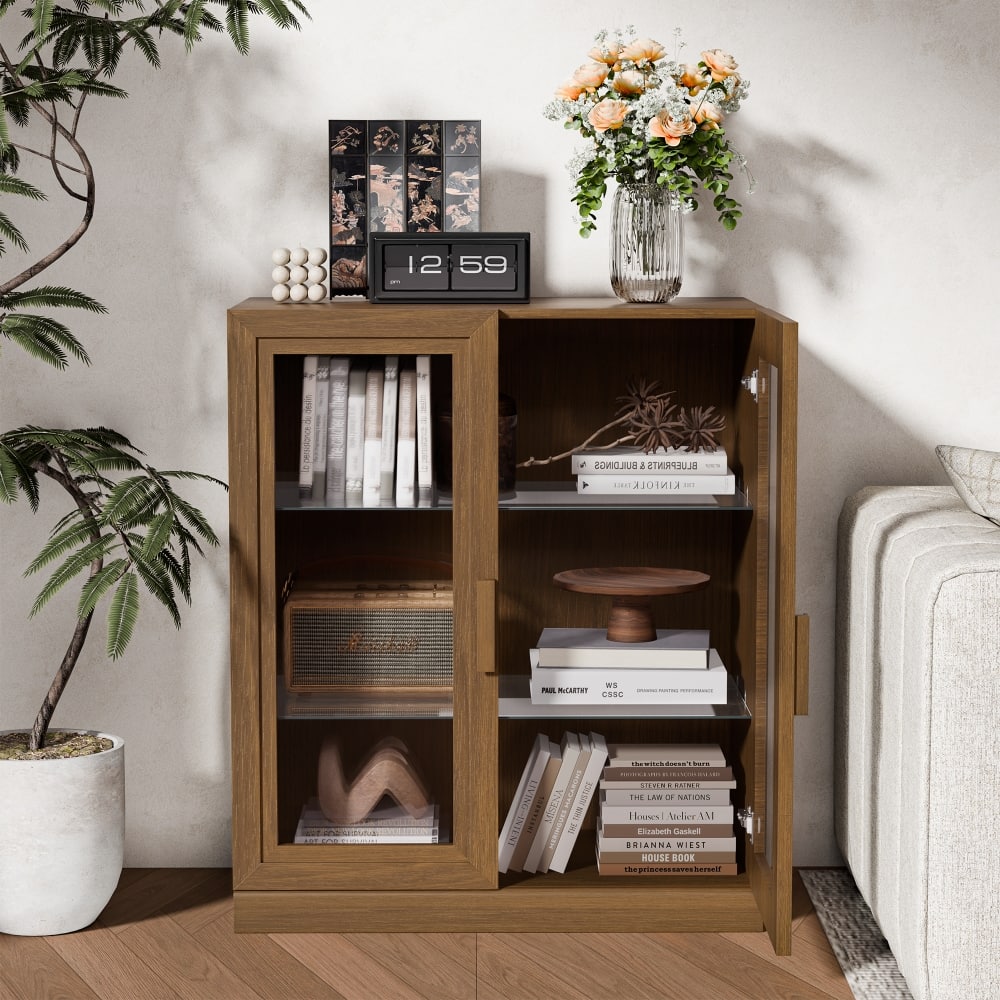 Lirago - Solid Wood Accent Cabinet with Glass Doors Wood Grain Finish 36"H x 16"D x 31"W Storage Display - Walnut