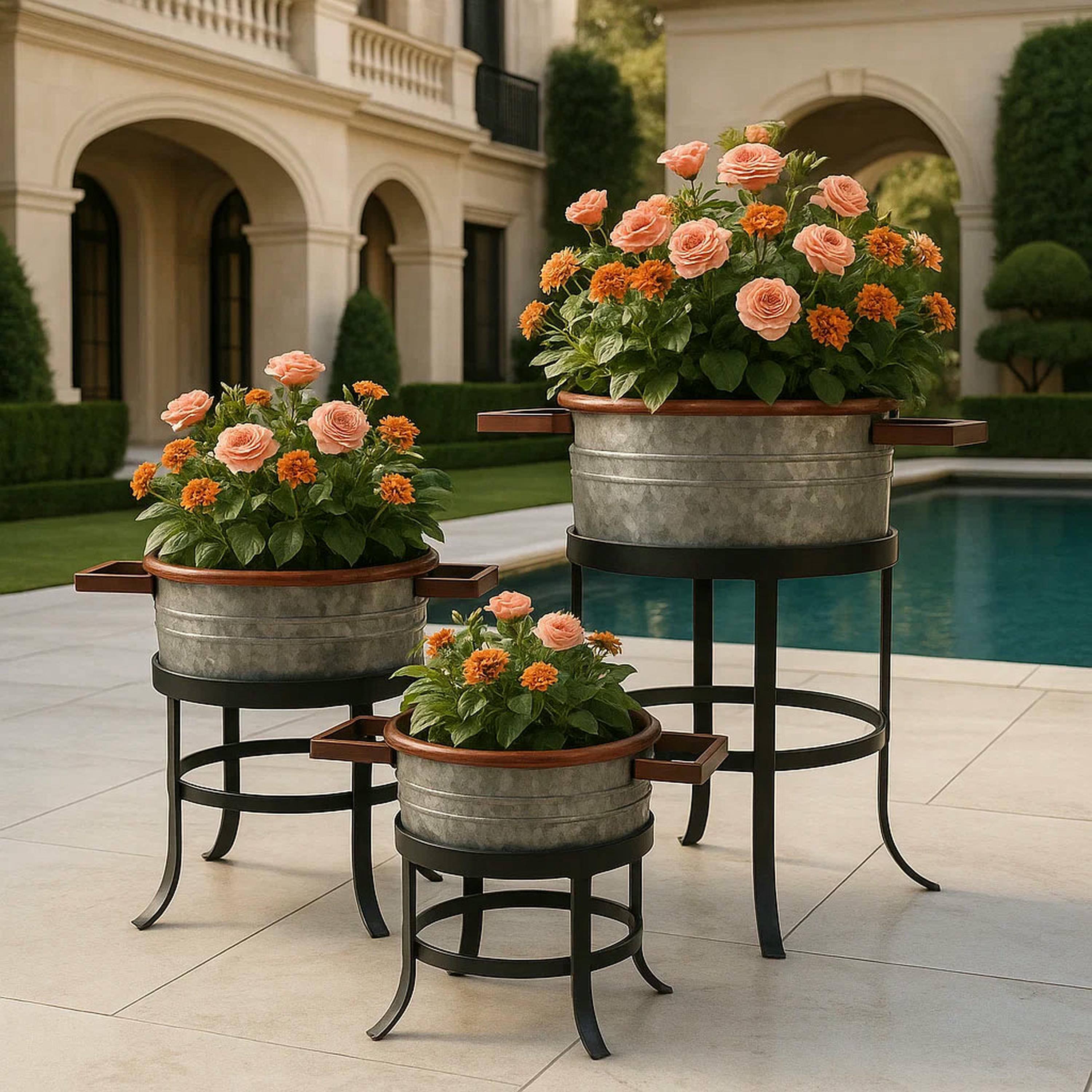Alt View 10. Manhattan Lane - 21, 18, and 16 Inch 3 Piece Round Tub Metal Planter Set with Stand in Galvanized Gray and Black Iron - Gray and Black.