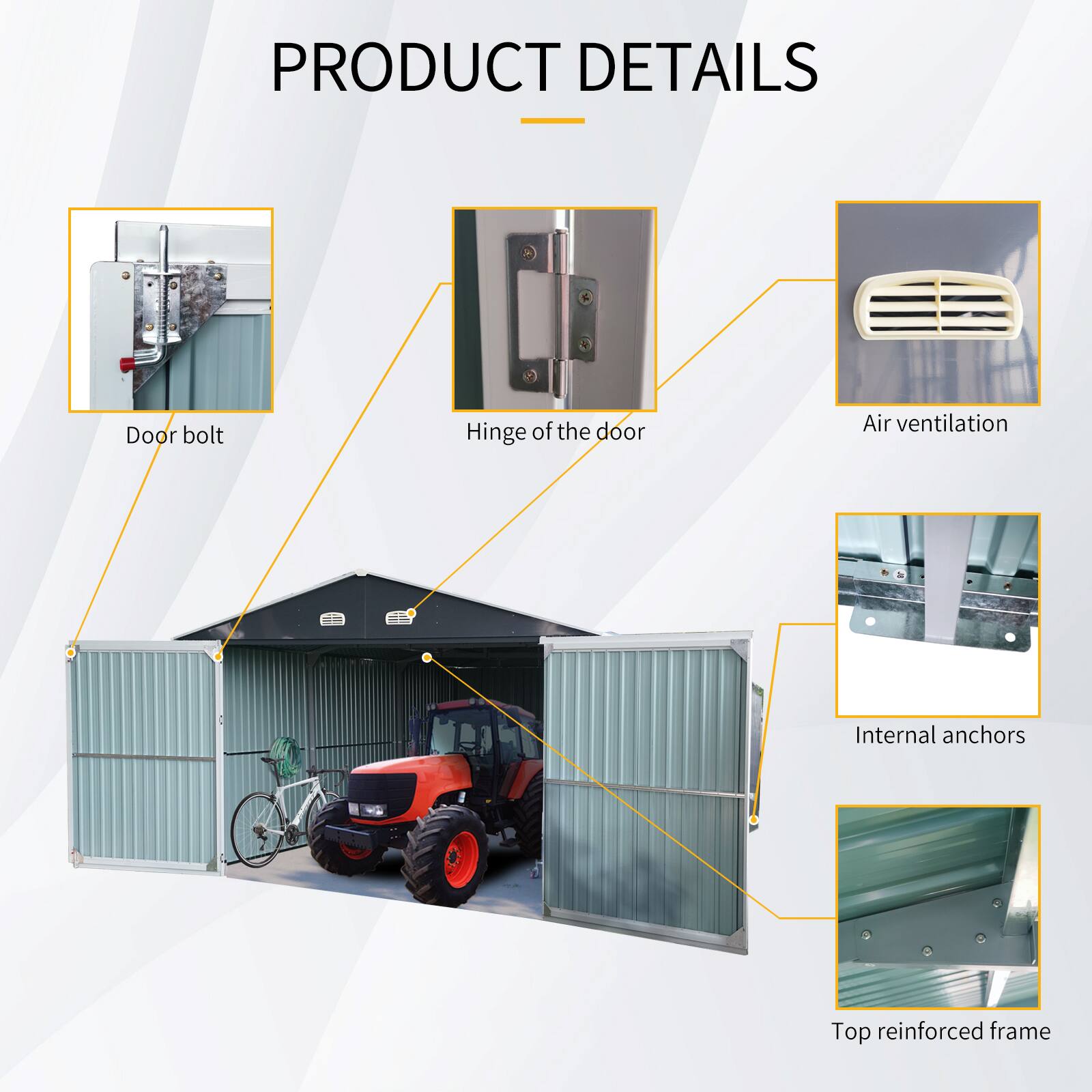 PRODUCT DETAILS  
- Door bolt  
- Hinge of the door  
- Air ventilation  
- Internal anchors  
- Top reinforced frame