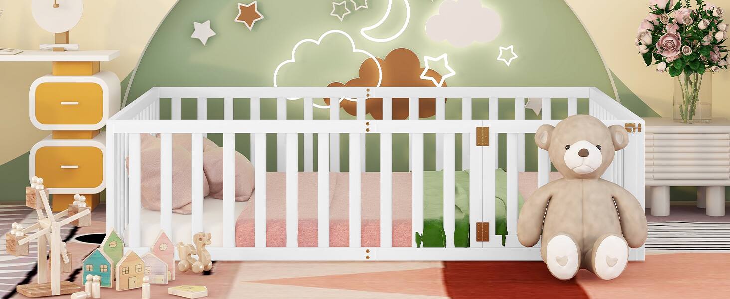 Alt View 6. Whisen - Wood Daybed Frame, Montessori Floor Bed with Fence and Door - White.