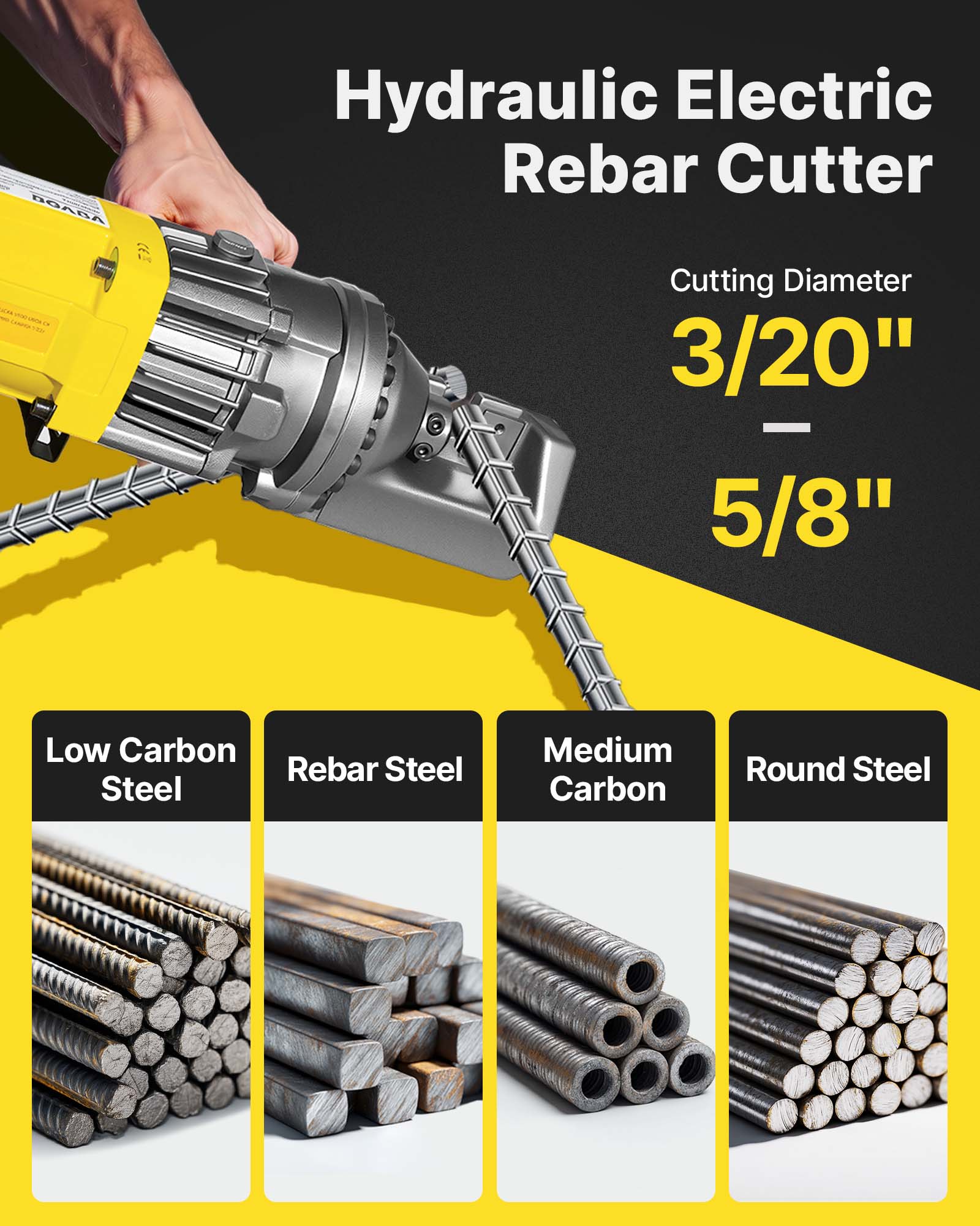 BOA6A Hydraulic Electric Rebar Cutter  
Cutting Diameter: 3/20" to 5/8"  
- Low Carbon Steel  
- Rebar Steel  
- Medium Carbon  
- Round Steel