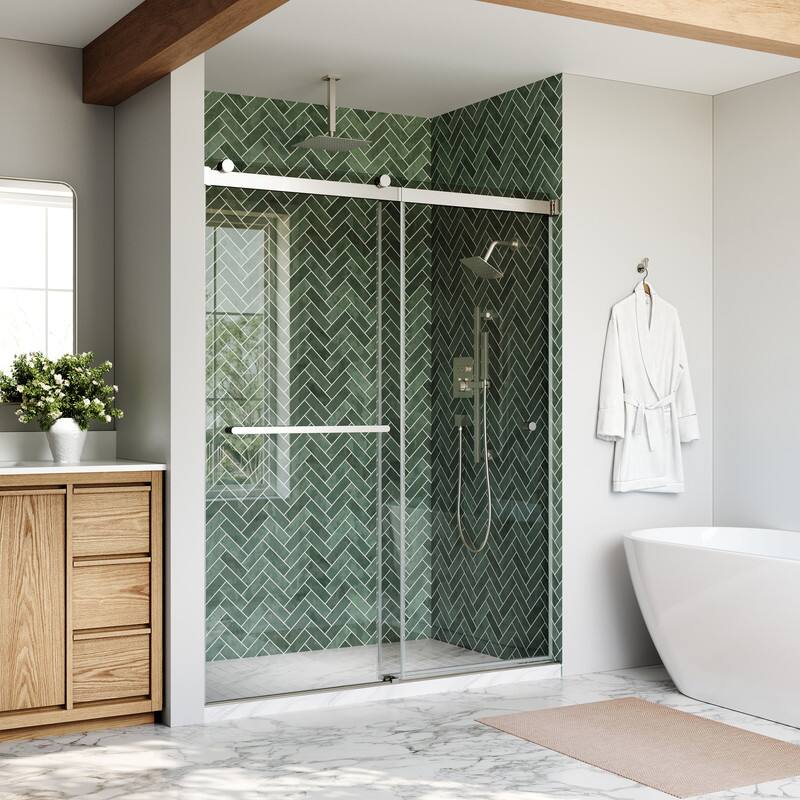 Back. WELLFOR - 56-60 in W x 74 in H Double Sliding Frameless Shower Door with 1/4 in. Clear SGCC Tempered Glass - Brushed Nickel.
