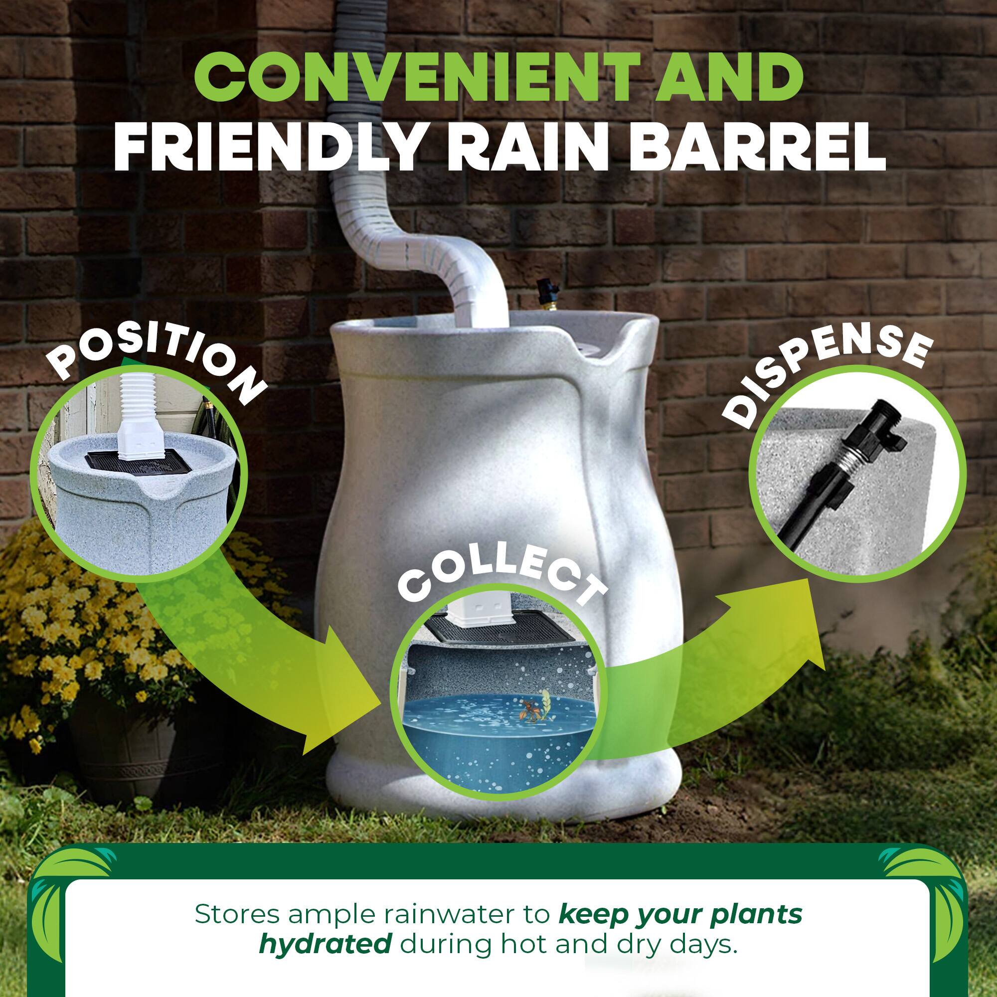 CONVENIENT AND FRIENDLY RAIN BARREL

POSITION
COLLECT
DISPENSE

Stores ample rainwater to keep your plants hydrated during hot and dry days.