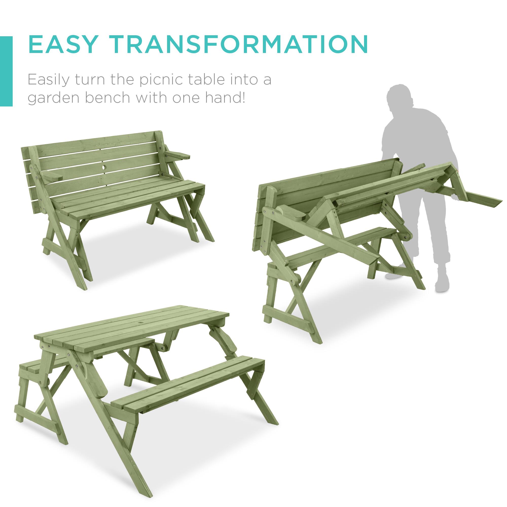 EASY TRANSFORMATION  
Easily turn the picnic table into a garden bench with one hand!