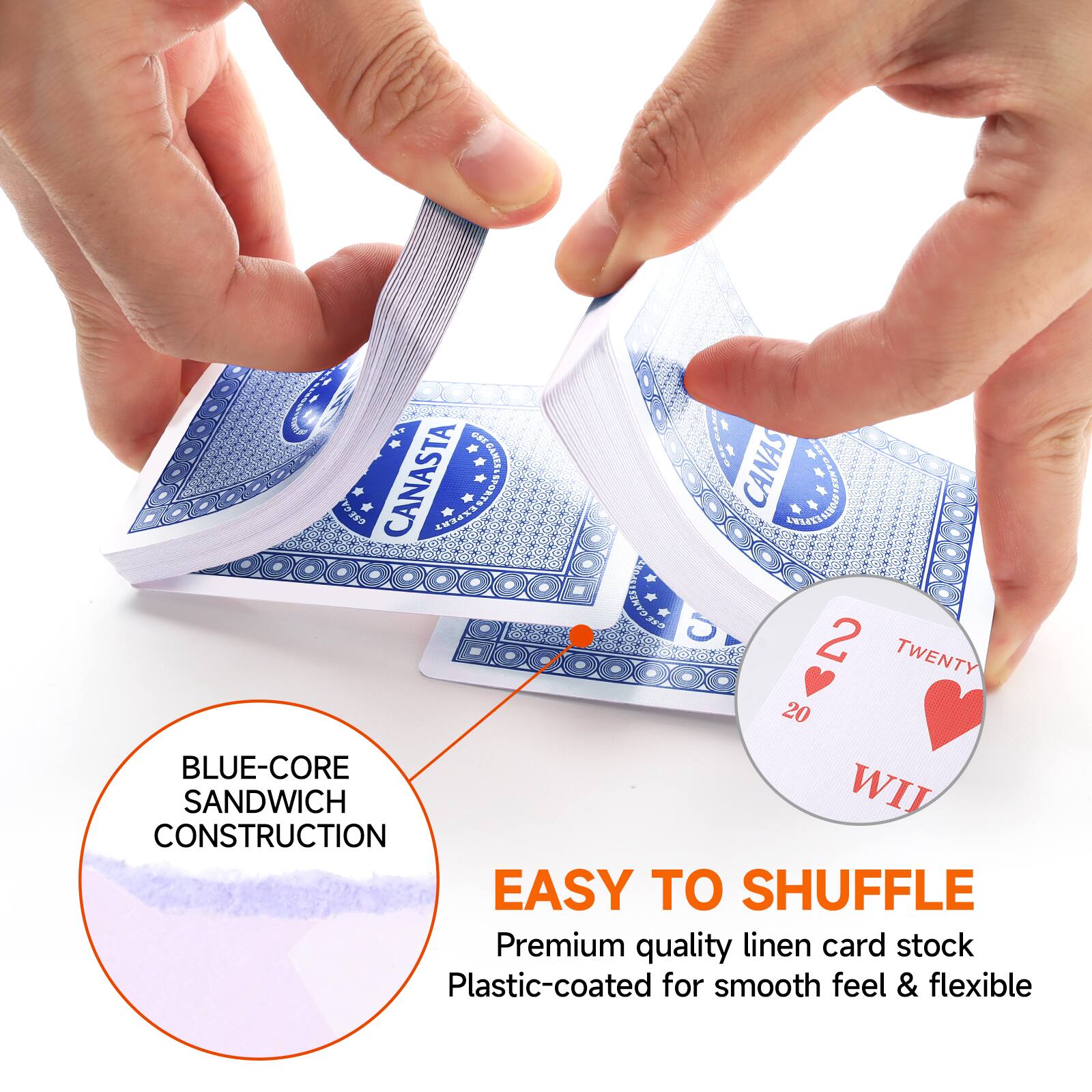 * Sa  DEFGANESARIG CAE, CANAS Y * CANASTA ERANS SPORTS GANEST 5 2 TWENTY 20 BLUE-CORE SANDWICH WII CONSTRUCTION EASY TO SHUFFLE Premium quality linen card stock Plastic-coated for smooth feel & flexible