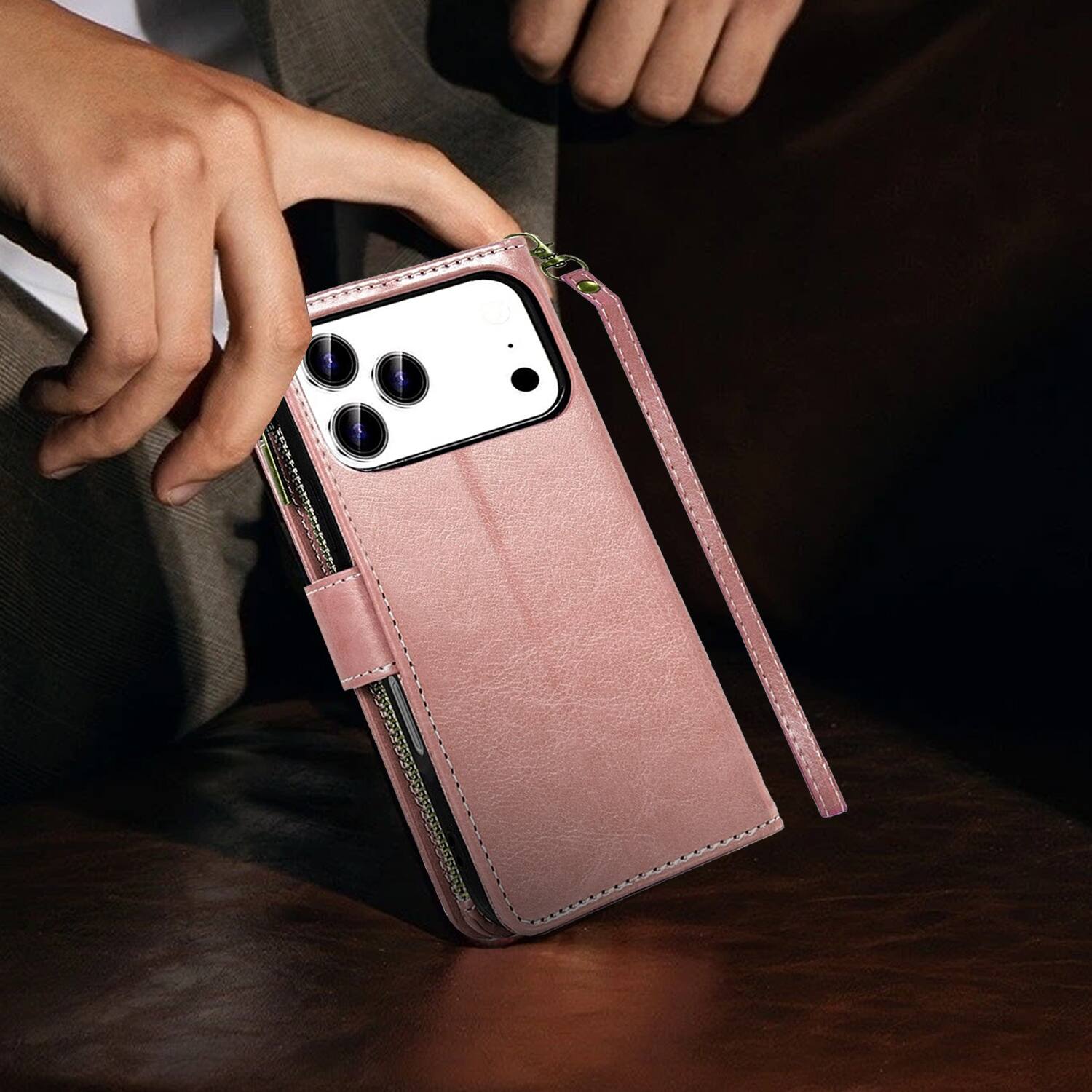Alt View 6. Equipd - Phone Case for iPhone 17 Pro 6.3", Luxury Wallet Card ID Zipper Money Holder Cover (Rose Gold) - Rose Gold.