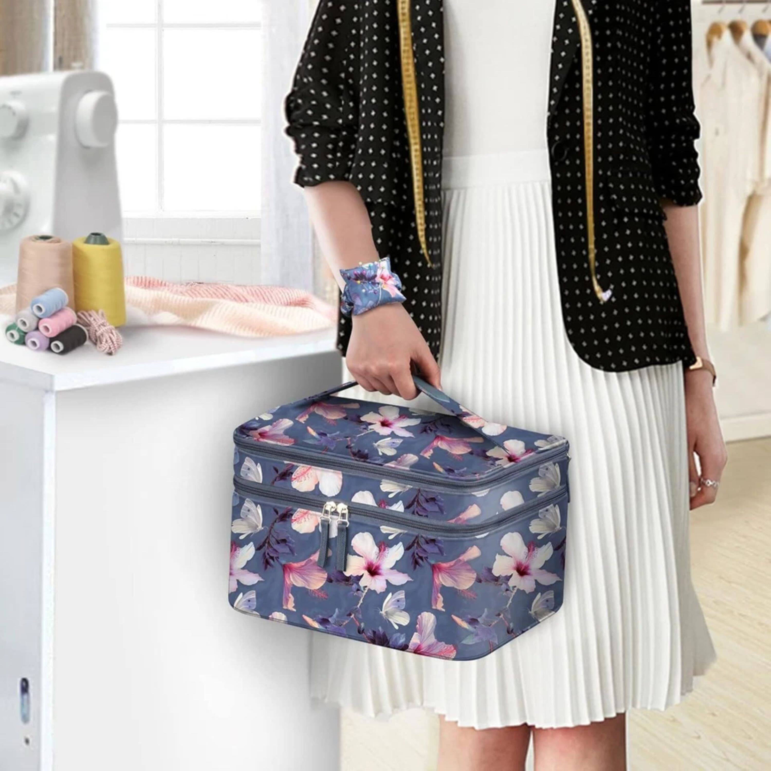 Left. Kitcheniva - Portable Sewing Organizer Case Double-Layer Sewing Accessories Storage Carrying Bag Blooming Hibiscus - Multicolor.