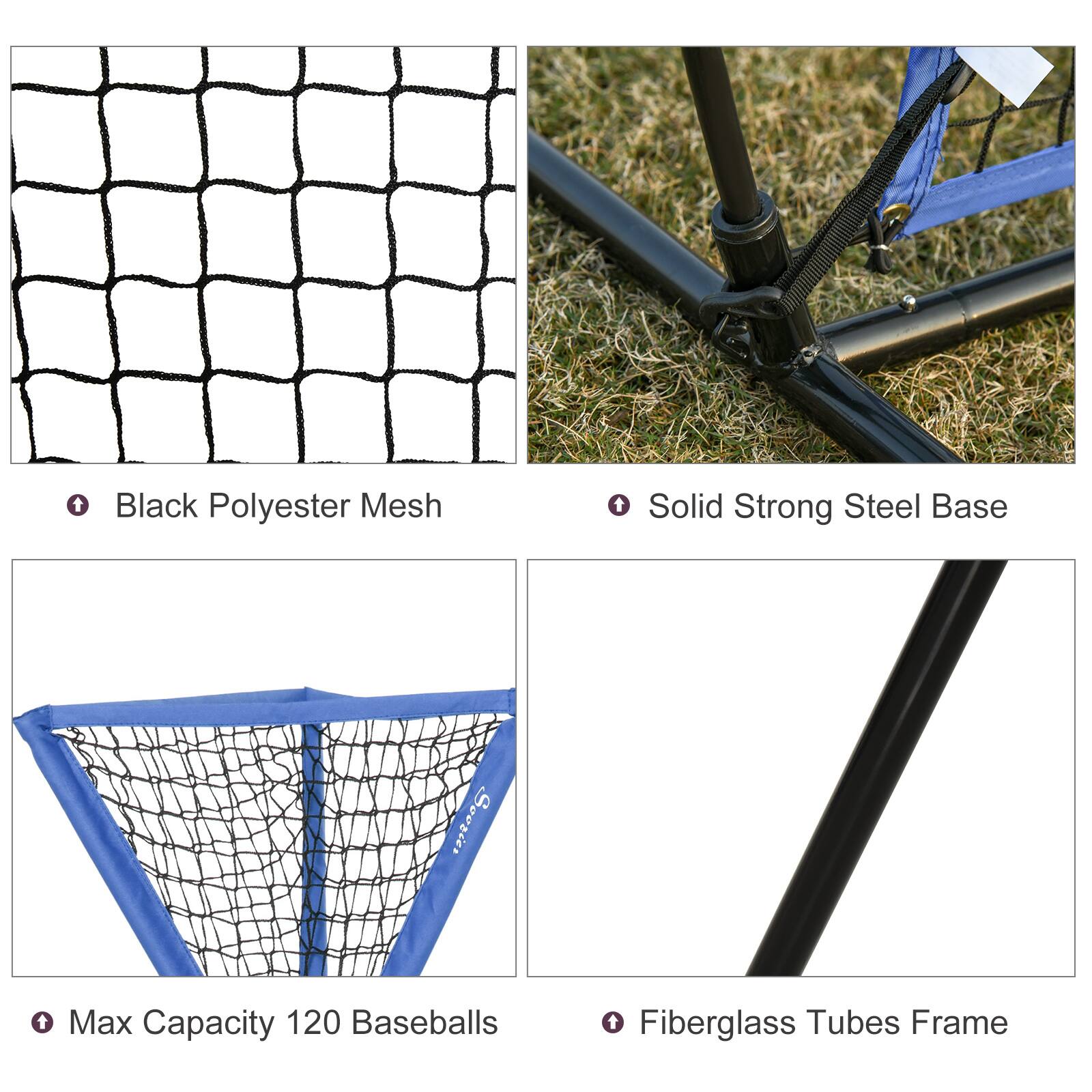 - Black Polyester Mesh
- Solid Strong Steel Base
- Max Capacity 120 Baseballs
- Fiberglass Tubes Frame