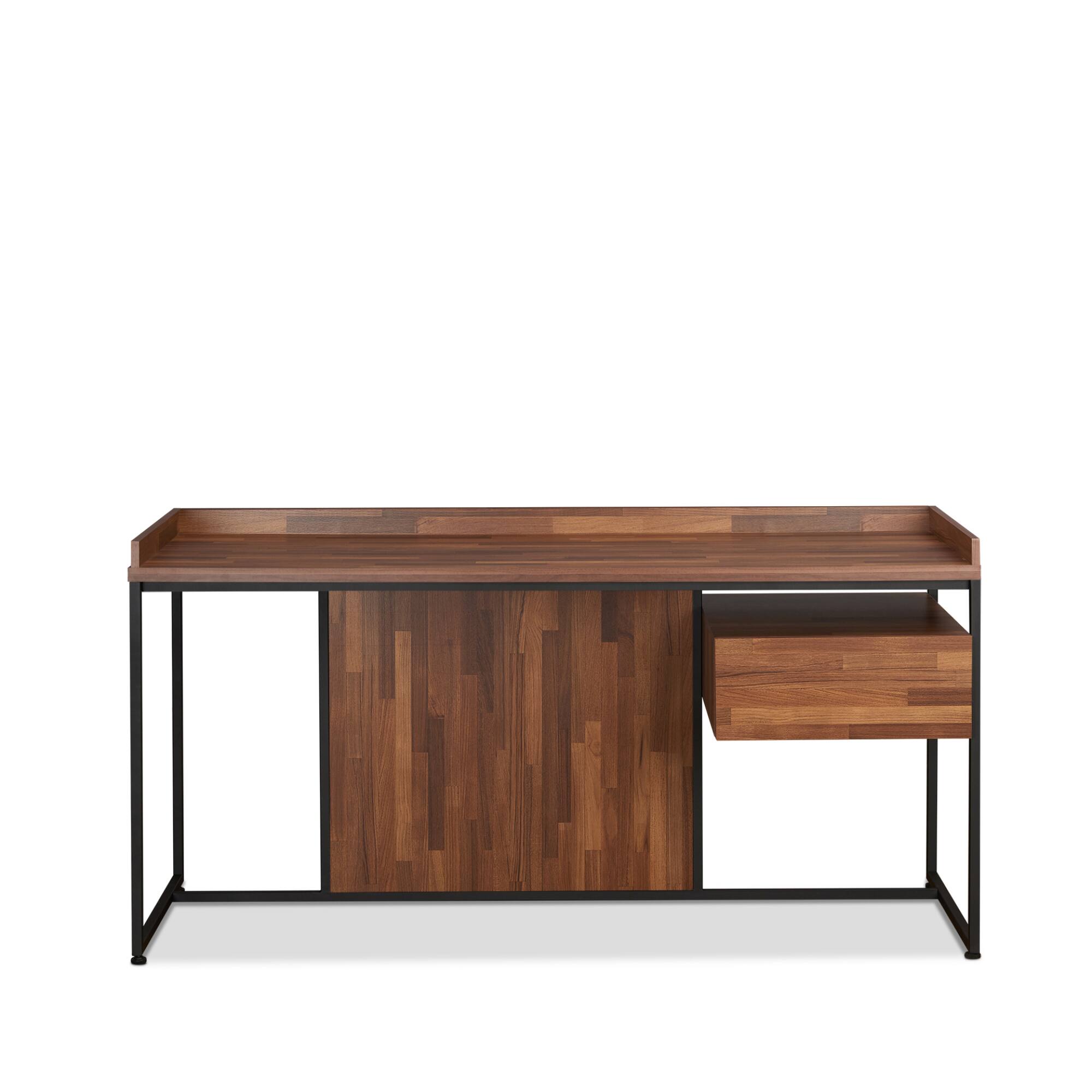 Alt View 2. GOODSILO - Modern Rectangular Writing Desk with Single Drawer and Sleek Metal Base - Walnut Finish Top - Black+Walnut.