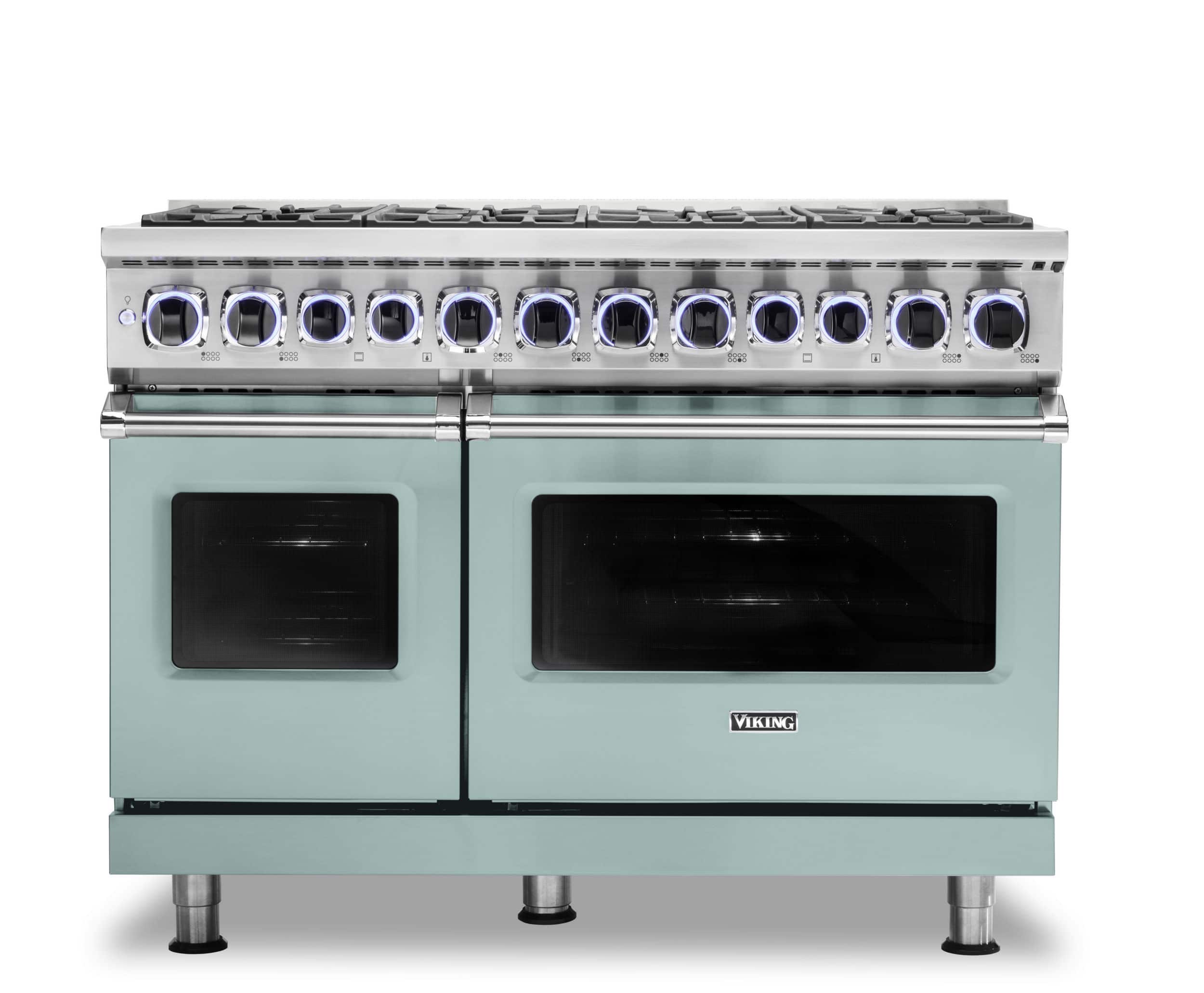 The image features a stainless steel Viking oven with a black interior. The oven has a total of 12 burners, including 6 burners on the top and 6 burners on the bottom. The oven is designed to be energy efficient and provide even heat distribution. The stove is sitting on a white background, which highlights its sleek and modern appearance.