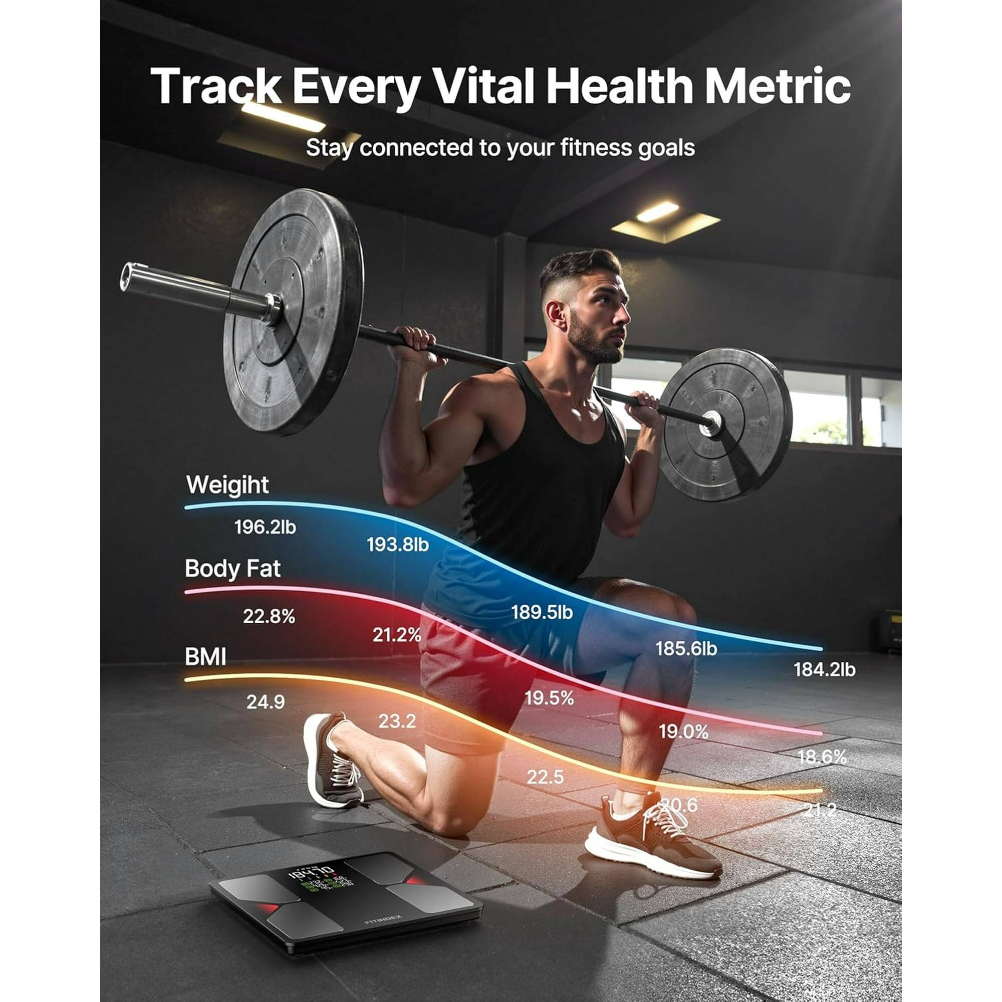 Track Every Vital Health Metric  
Stay connected to your fitness goals  

Weight  
196.2lb  
193.8lb  
189.5lb  
185.6lb  
184.2lb  

Body Fat  
22.8%  
21.2%  
19.5%  
19.0%  
18.6%  

BMI  
24.9  
23.2  
22.5  
20.6