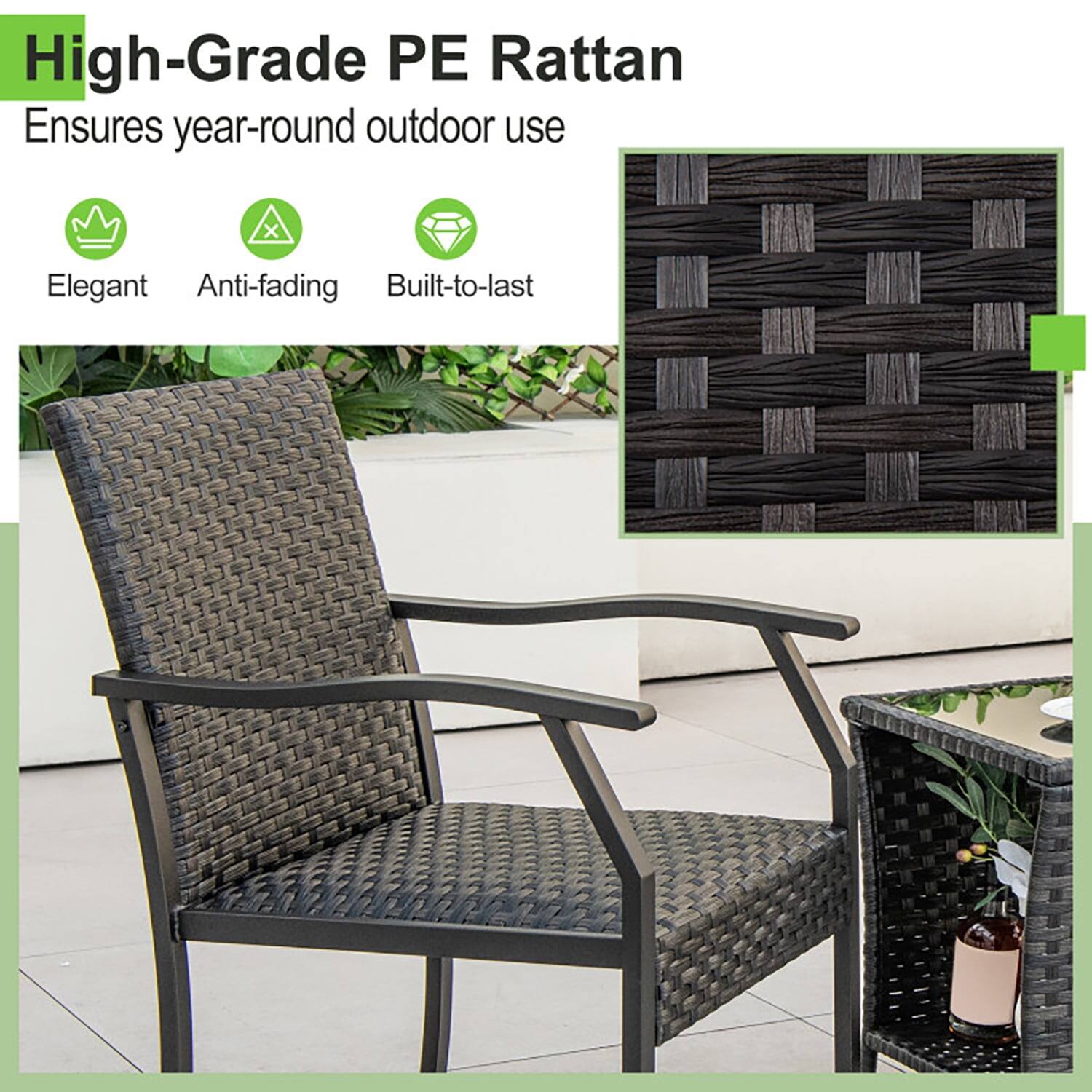 High-Grade PE Rattan  
Ensures year-round outdoor use  

Elegant  
Anti-fading  
Built-to-last