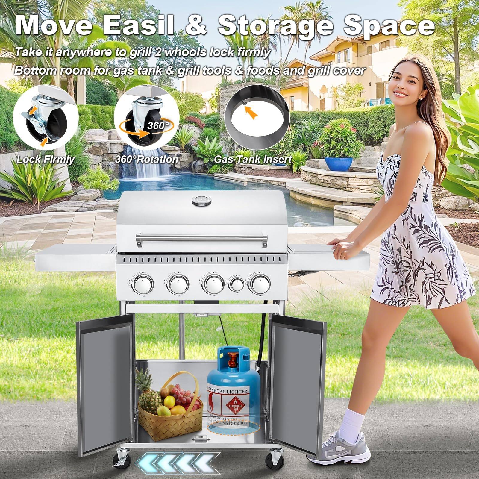 Move Easil & Storage Space  
Take it anywhere to grill. 2 wheels lock firmly.  
Bottom room for gas tank & grill tools & foods and grill cover.  
360° Lock Firmly  
360° Rotation  
Gas Tank Insert