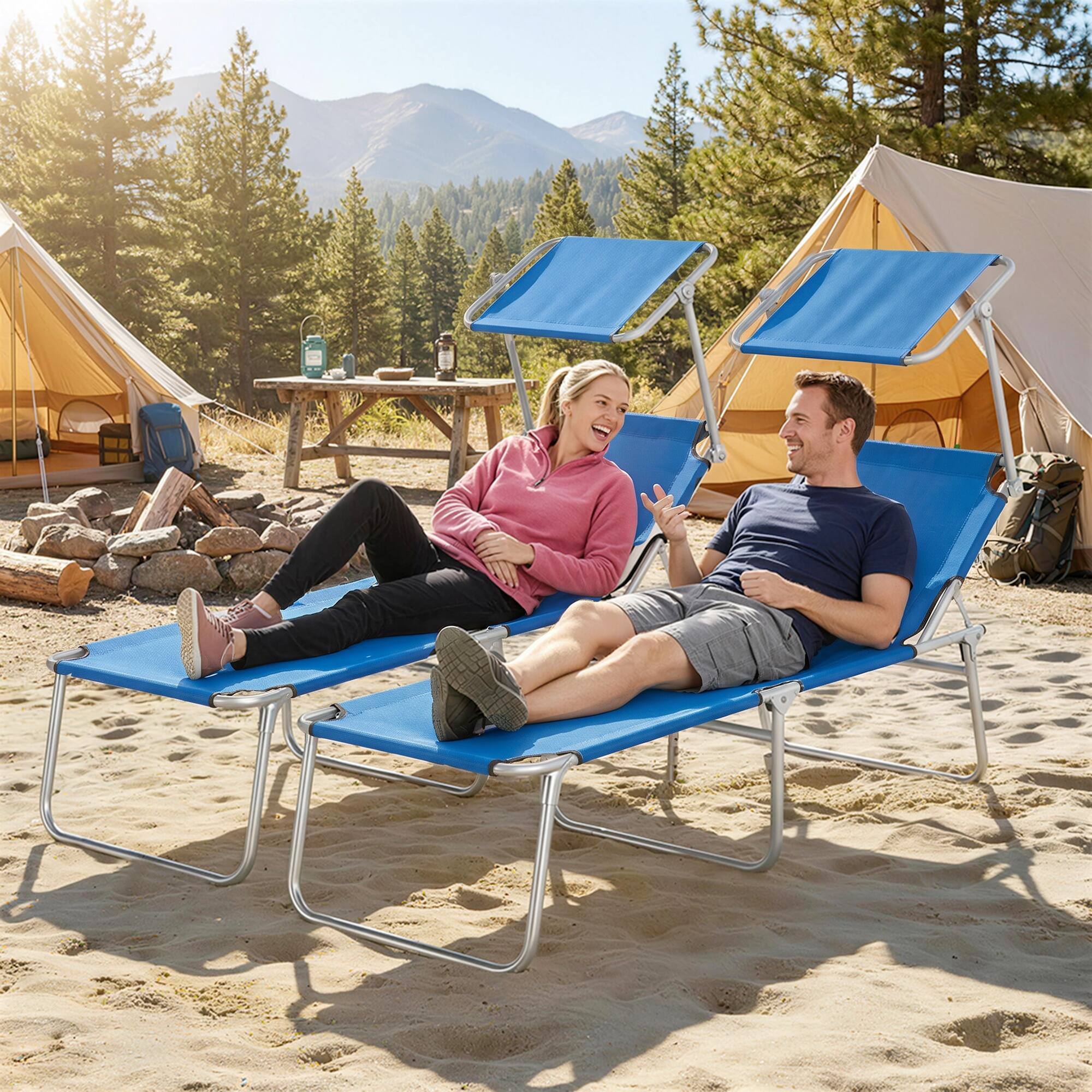 Alt View 7. Outsunny - Lounge Chairs Set of 2 Adjustable Folding Beach Chairs Sun Shade Blue for Camping - Blue.