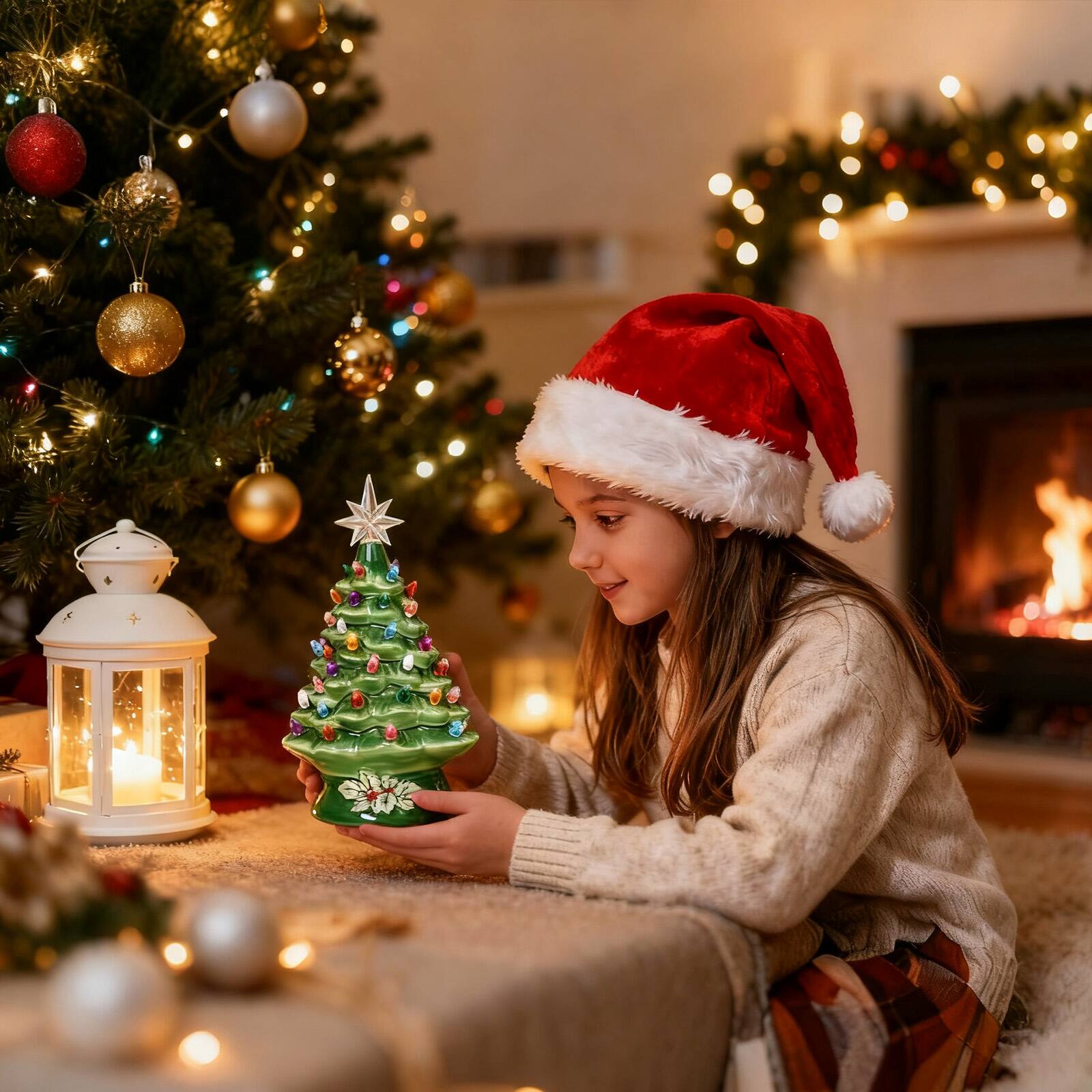 Alt View 4. Sugift - 15" Ceramic Christmas Tree Pre-lit Hand-Painted Tabletop Holiday Tree W/Power Cord - Green.