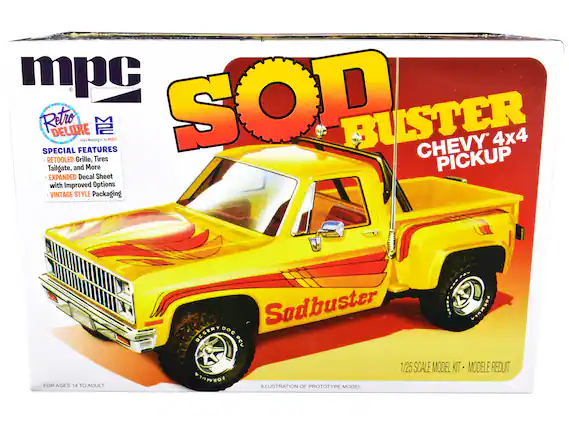 Sure, here is the corrected and grouped text from the image:
---
**mpc**
**Retro Deluxe**
Scale Modeling at its BEST!
**SPECIAL FEATURES**
- RETOOLED Grille, Tires
- Tailgate, and More
- EXPANDED Decal Sheet with Improved Options
- VINTAGE STYLE Packaging
**SOD BUSTER**
**CHEVY 4x4 PICKUP**
**Sodbuster**
**DESERT DOC**
**1/25 SCALE MODEL KIT - MODÈLE REDUIT**
**FOR AGES 14 TO ADULT**
**ILLUSTRATION OF PROTOTYPE MODEL**
---
This text is organized to reflect the layout and content of the packaging as shown in the image.