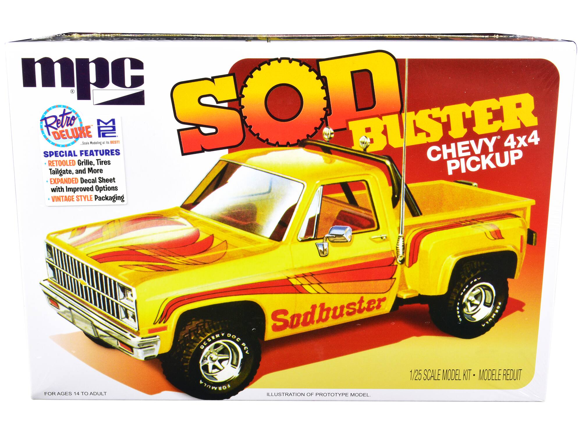 Sure, here is the corrected and grouped text from the image:

---

**mpc**

**Retro Deluxe**  
Scale Modeling at its BEST!

**SPECIAL FEATURES**  
- RETOOLED Grille, Tires  
- Tailgate, and More  
- EXPANDED Decal Sheet with Improved Options  
- VINTAGE STYLE Packaging

**SOD BUSTER**  
**CHEVY 4x4 PICKUP**

**Sodbuster**  
**DESERT DOC**

**1/25 SCALE MODEL KIT - MODÈLE REDUIT**

**FOR AGES 14 TO ADULT**

**ILLUSTRATION OF PROTOTYPE MODEL**

---

This text is organized to reflect the layout and content of the packaging as shown in the image.