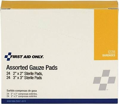 FIRST AID ONLY

1228 BANDAGES

Assorted Gauze Pads
24 2" x 2" Sterile Pads
24 3" x 3" Sterile Pads

Surtido compresas de gasa
24 2 x 2 compresas estériles
24 3 x 3 compresas estériles

ANSVISA 2308.1-2015