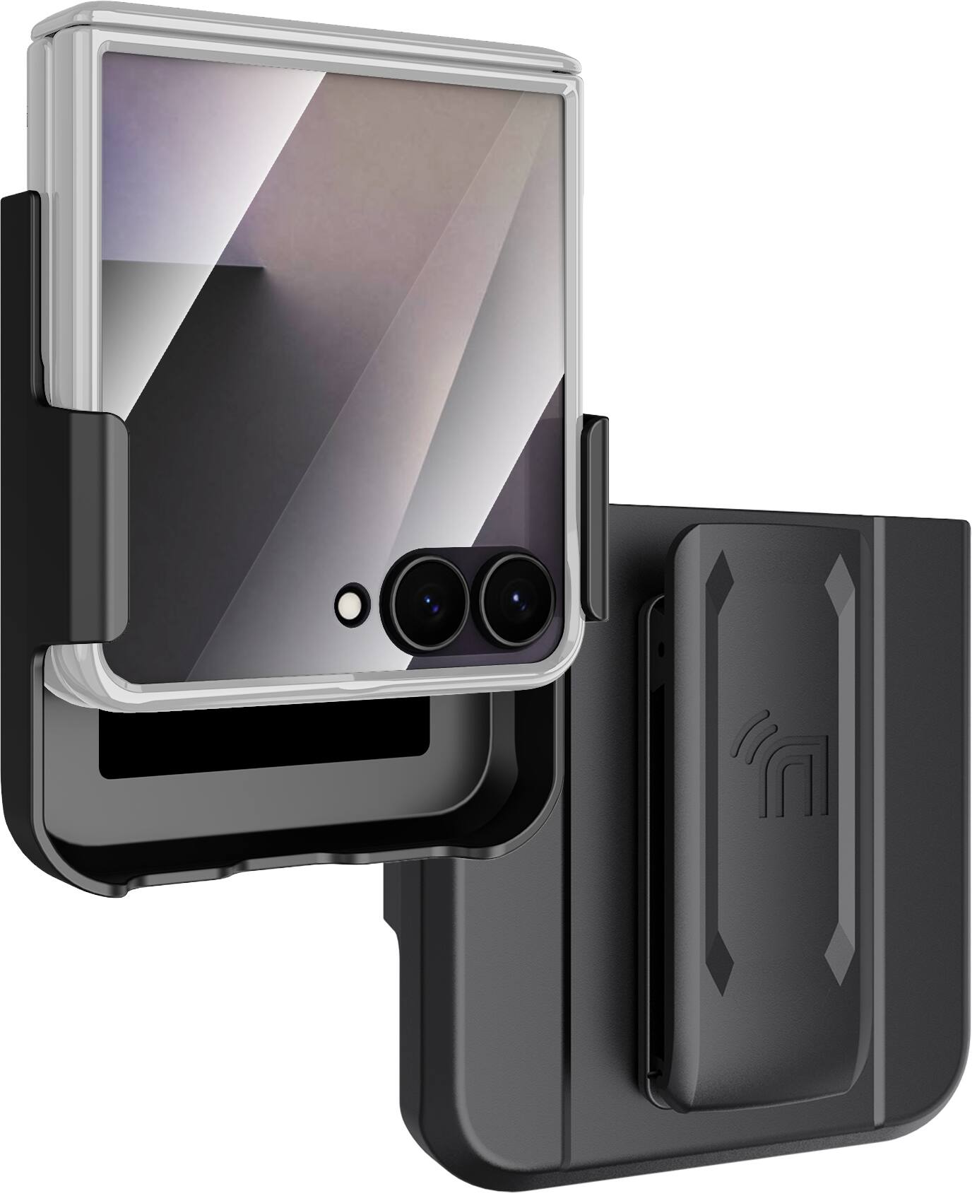Alt View 2. Nakedcellphone - Combo for Samsung Galaxy Z Flip 7 Phone - Case with Built-In Screen/Hinge Protector and Belt Clip Holster - Silver.