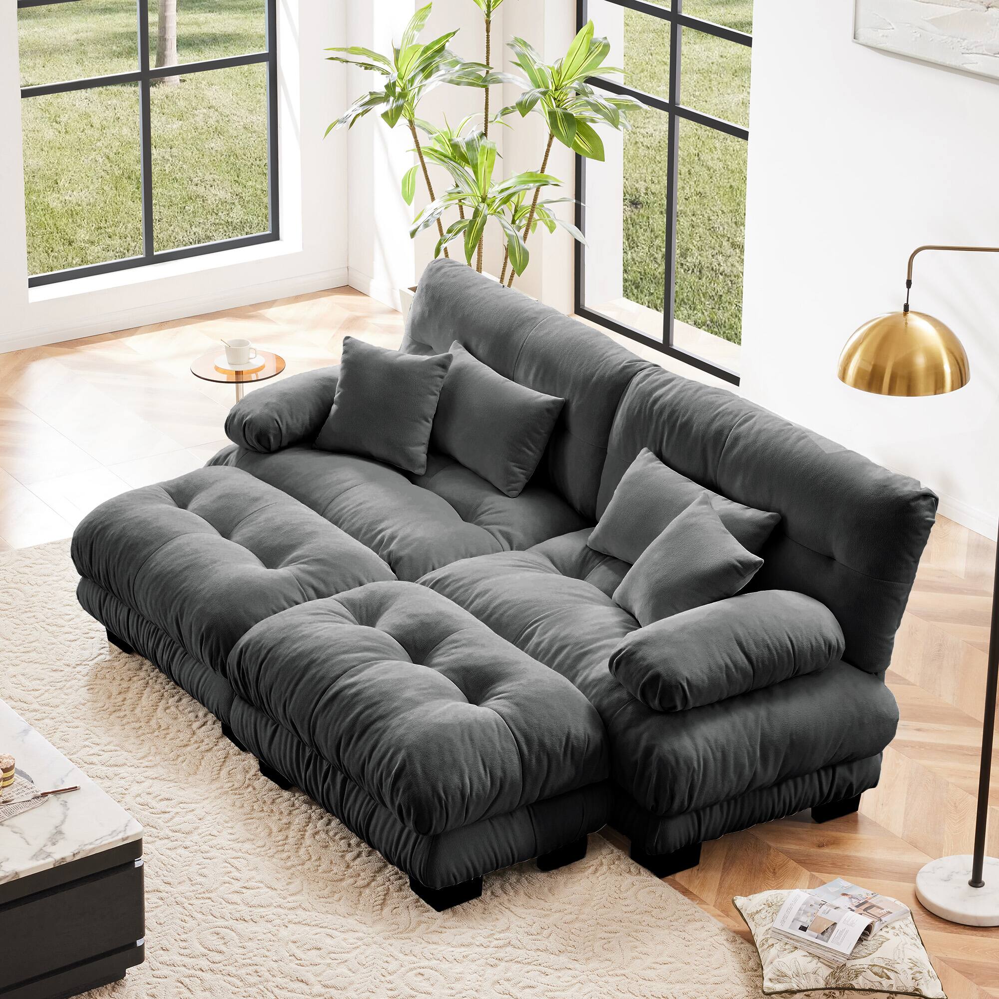 Angle. Aukfa - Cloud Couch Sleeper Sofa - Chenille 2-Seater with 2 Lumbar Pillows, 2 Throw Pillows & 2 Ottomans - Dark Gray.