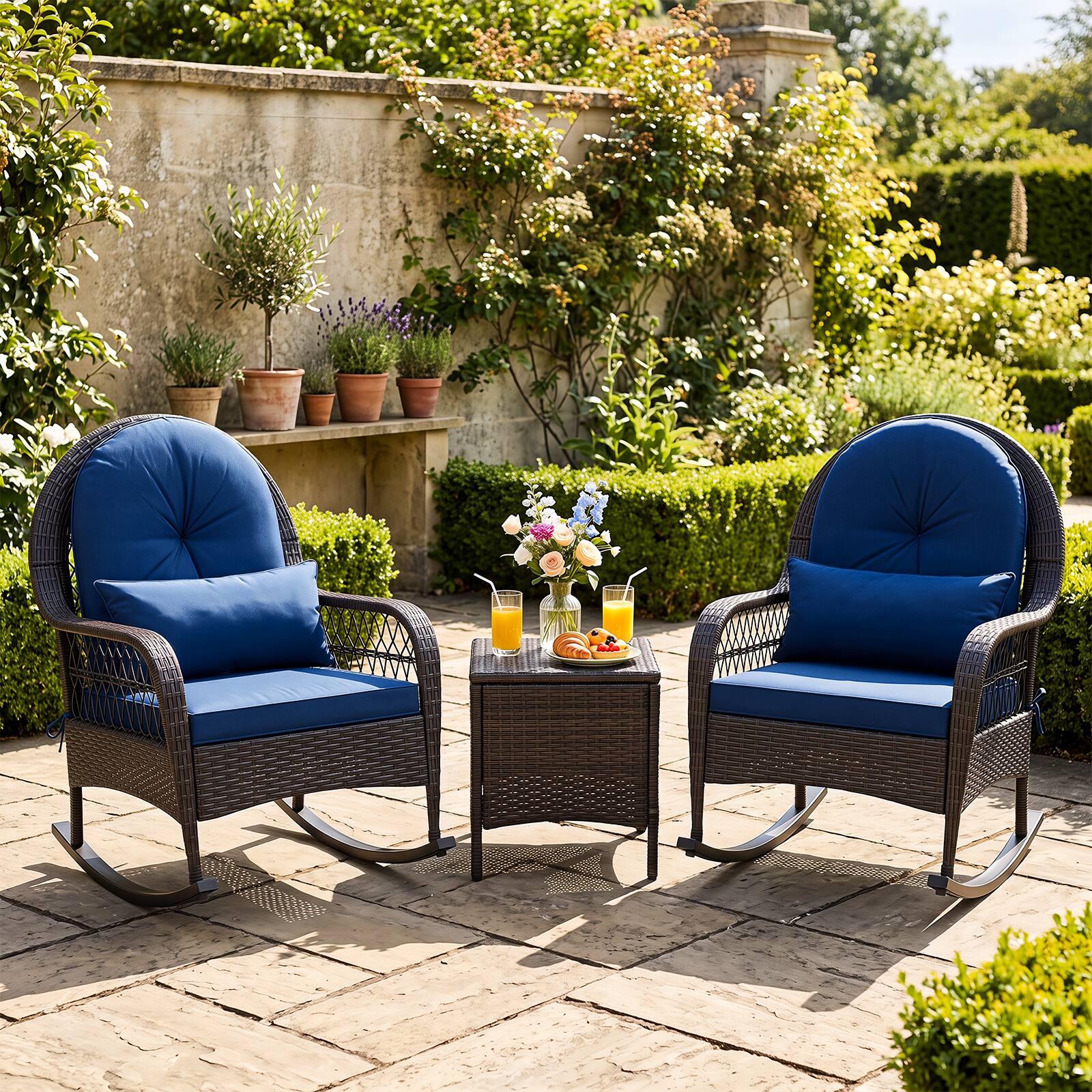 Alt View 6. Gymax - Gymax Outdoor Wicker Rocking Chair 400 LBS Patio Rattan Rocker Chair w/Thick Cushions Mix Brown & Navy Blue - Blue.