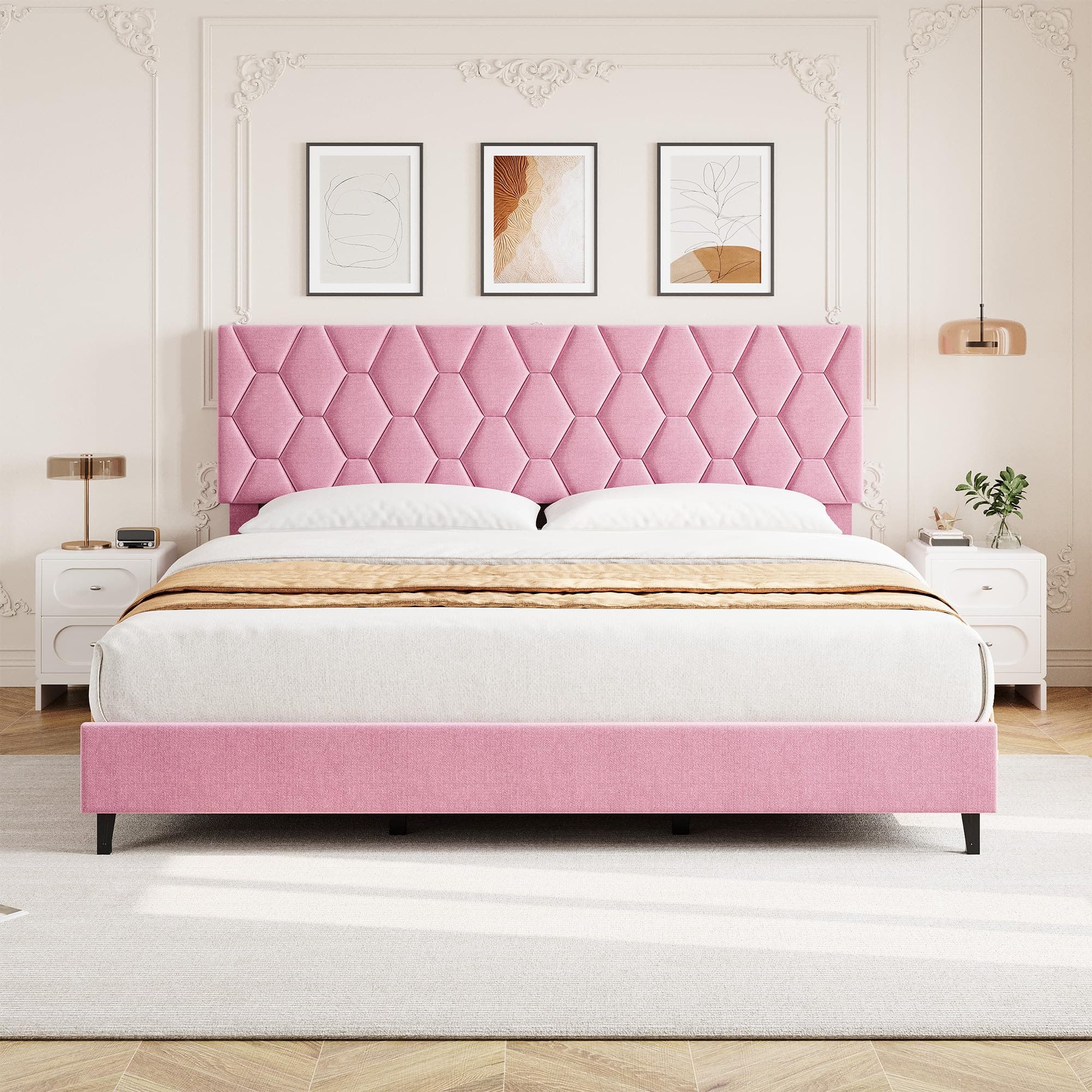 Babevy - King Size Bed Frame with Adjustable Upholstered Headboard, Strong Wood Slats, No Box Spring Needed - Pink