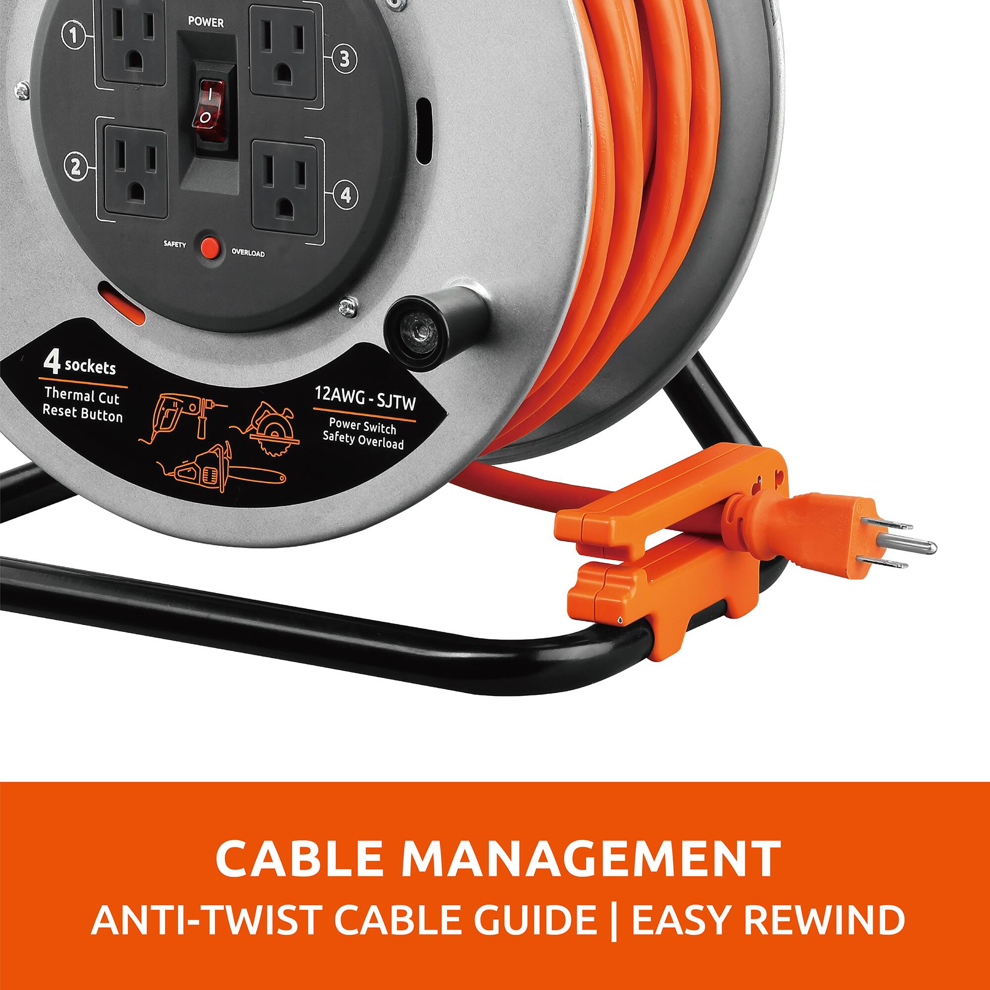 1 POWER  
2 SAFETY  
3  
4 SAFETY OVERLOAD  

4 sockets  
Thermal Cut Reset Button  

12AWG - SJTW  
Power Switch Safety Overload  

CABLE MANAGEMENT  
ANTI-TWIST CABLE GUIDE | EASY REWIND