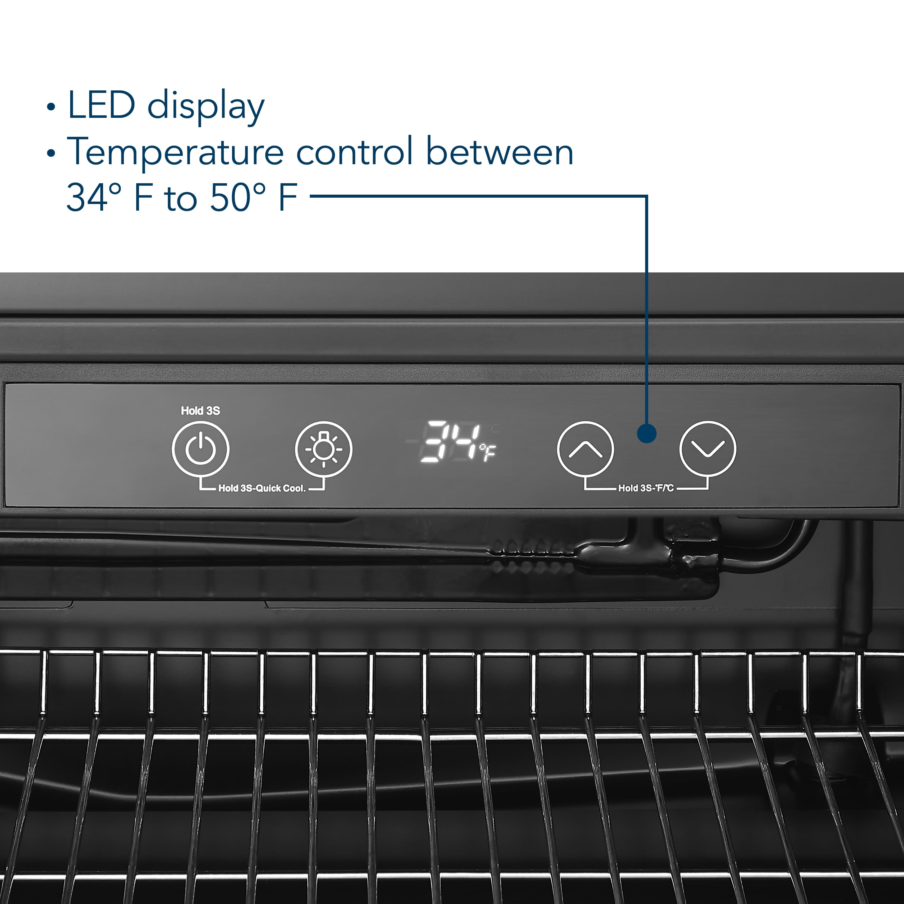 The image shows a close-up of a black appliance with a digital display. The display shows the temperature control between 34°F to 50°F. The appliance also has a "Hold 3S" and "Hold 38-Quick Cool" option. The temperature range is highlighted by a blue arrow pointing to the temperature range.