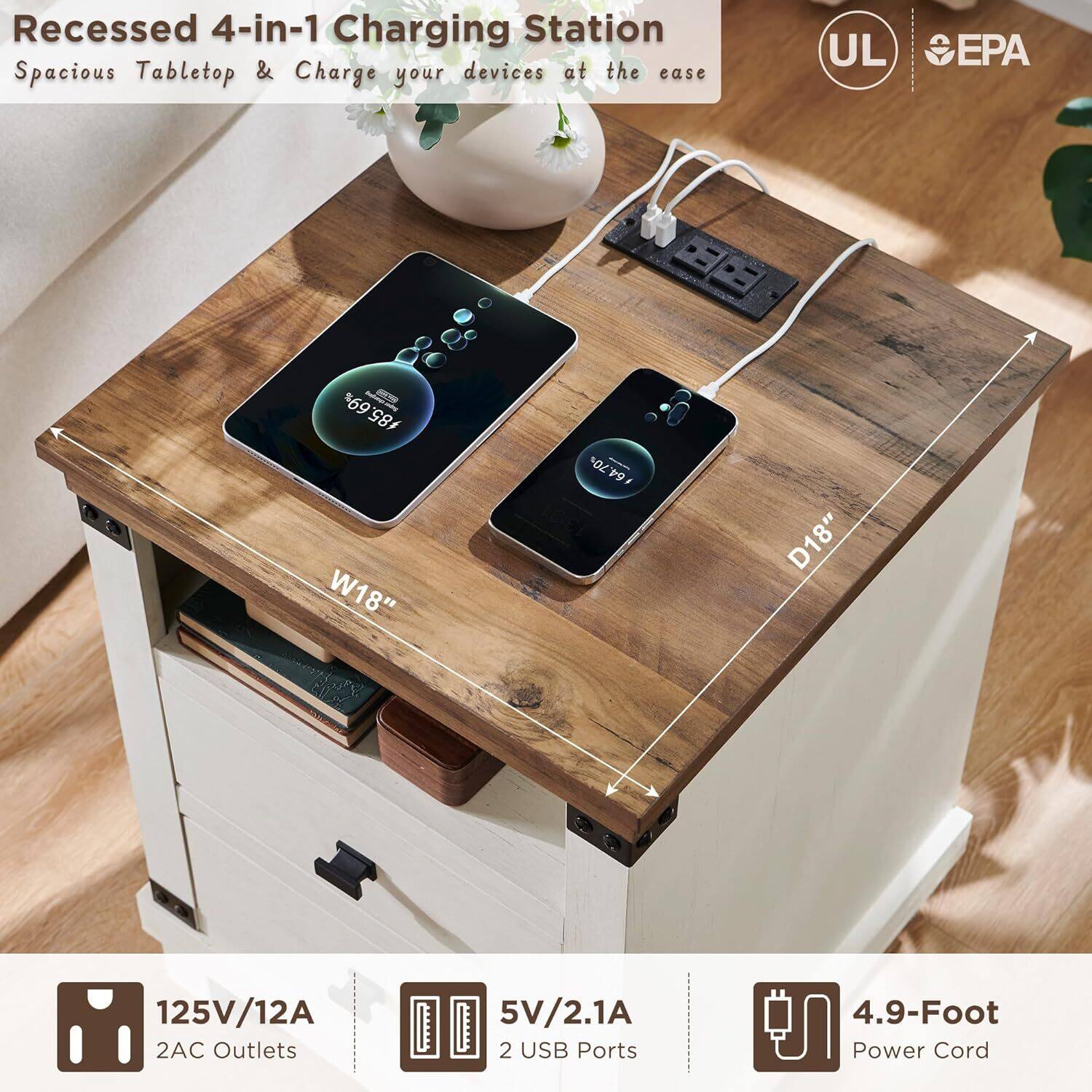 Recessed 4-in-1 Charging Station  
Spacious Tabletop & Charge your devices at ease  

- W18"  
- D18"  
- 125V/12A  
- 2AC Outlets  
- 5V/2.1A  
- 2 USB Ports  
- 4.9-Foot Power Cord  

UL EPA