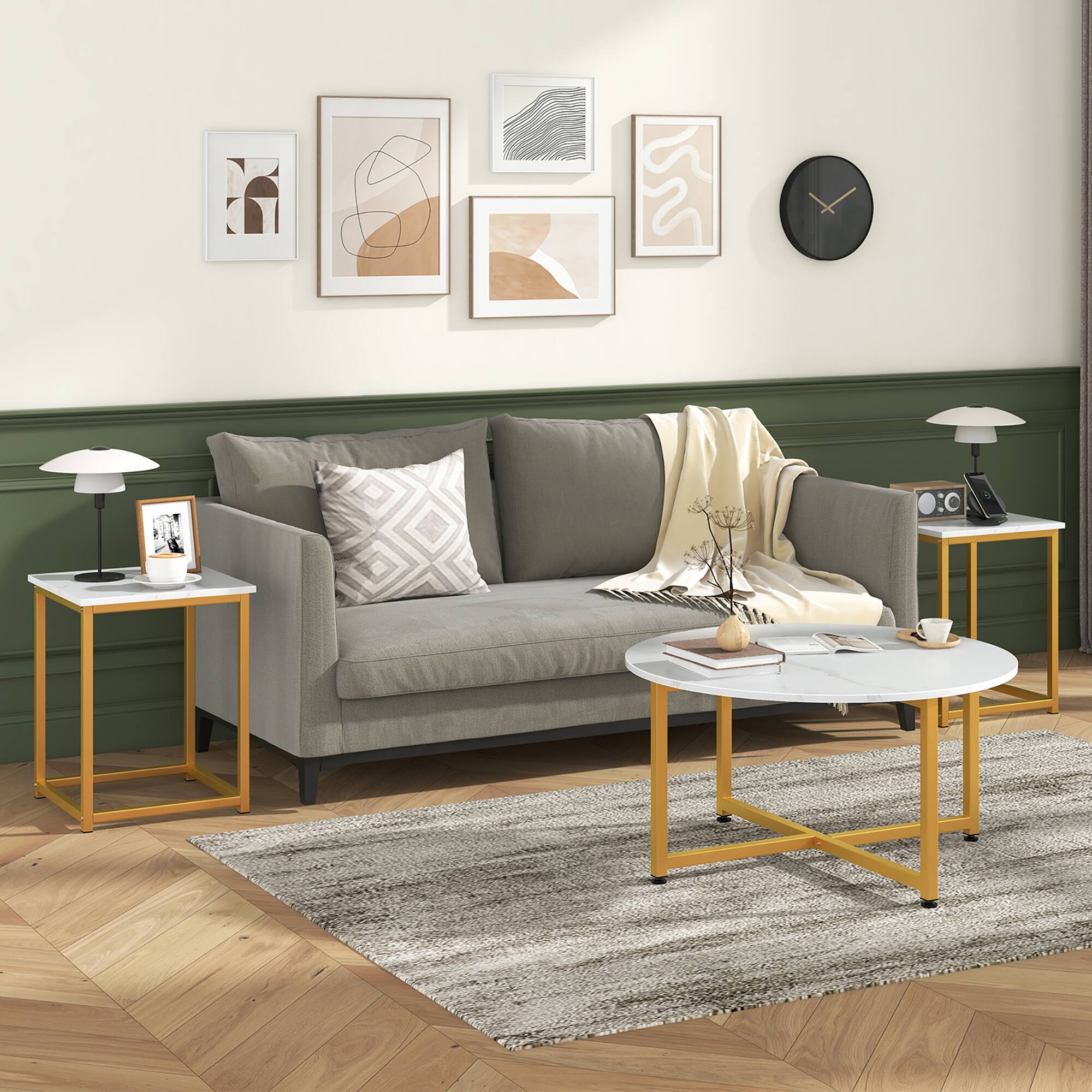 Alt View 1. Gymax - Gymax Round Nesting Table Set of 3 Modern/Farmhouse Coffee Table w/2 End Tables White & Gold - White, Gold.