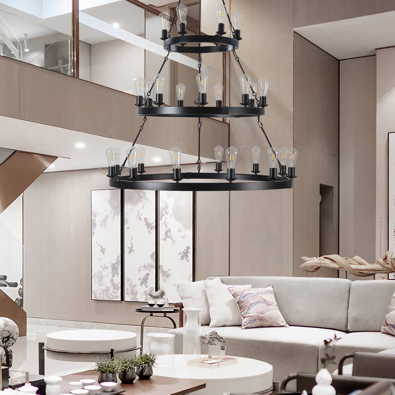 Angle. TinyHomie - 45 Retro Industrial Style 3 Layer Pendant Light 27 Lights Black Farmhouse Pendant Suitable.