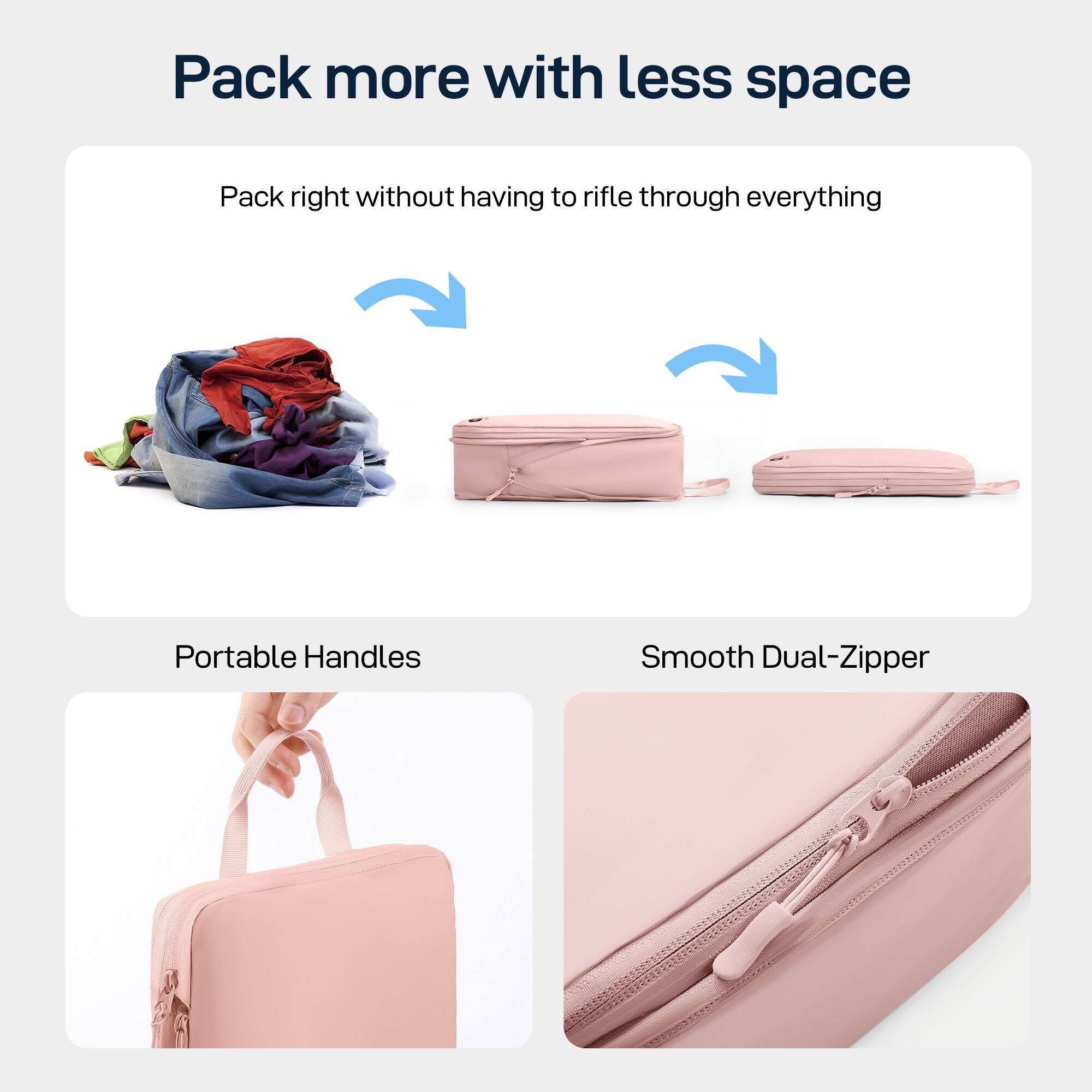 Pack more with less space
Pack right without having to rifle through everything
Portable Handles
Smooth Dual-Zipper