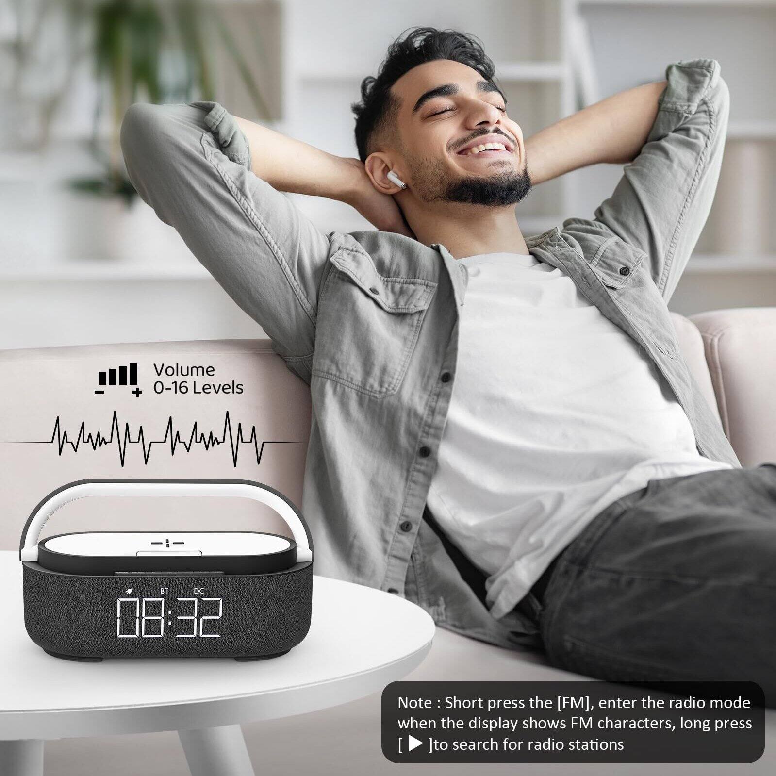 Volume + 0-16 Levels  
08:32  

Note: Short press the [FM], enter the radio mode when the display shows FM characters, long press [ ] to search for radio stations