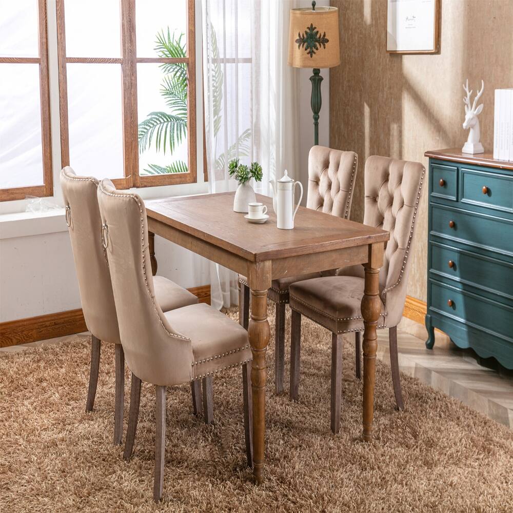 Alt View 8. Loheer - Loheer Khaki Velvet Dining Chairs Set of 2 Tufted Solid Wood Nailhead Trim - Khaki.