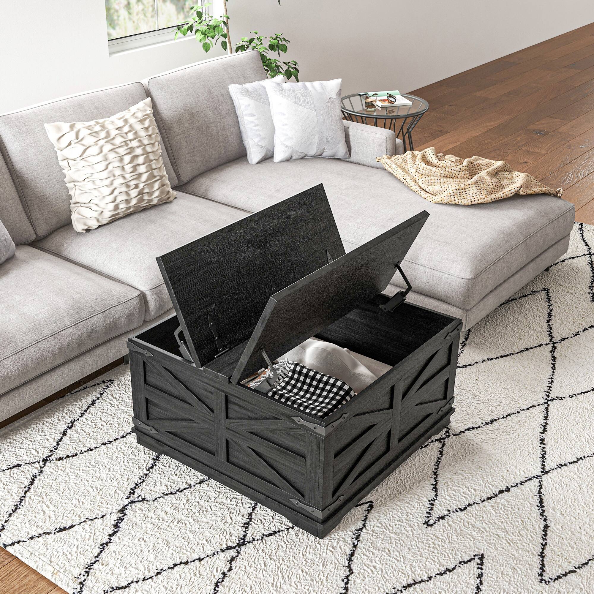 Alt View 8. Homcom - Farmhouse Coffee Table with Storage, Center Table with Hinged Lift Top and Hidden Space, Square Coffee Table - Distressed Black.