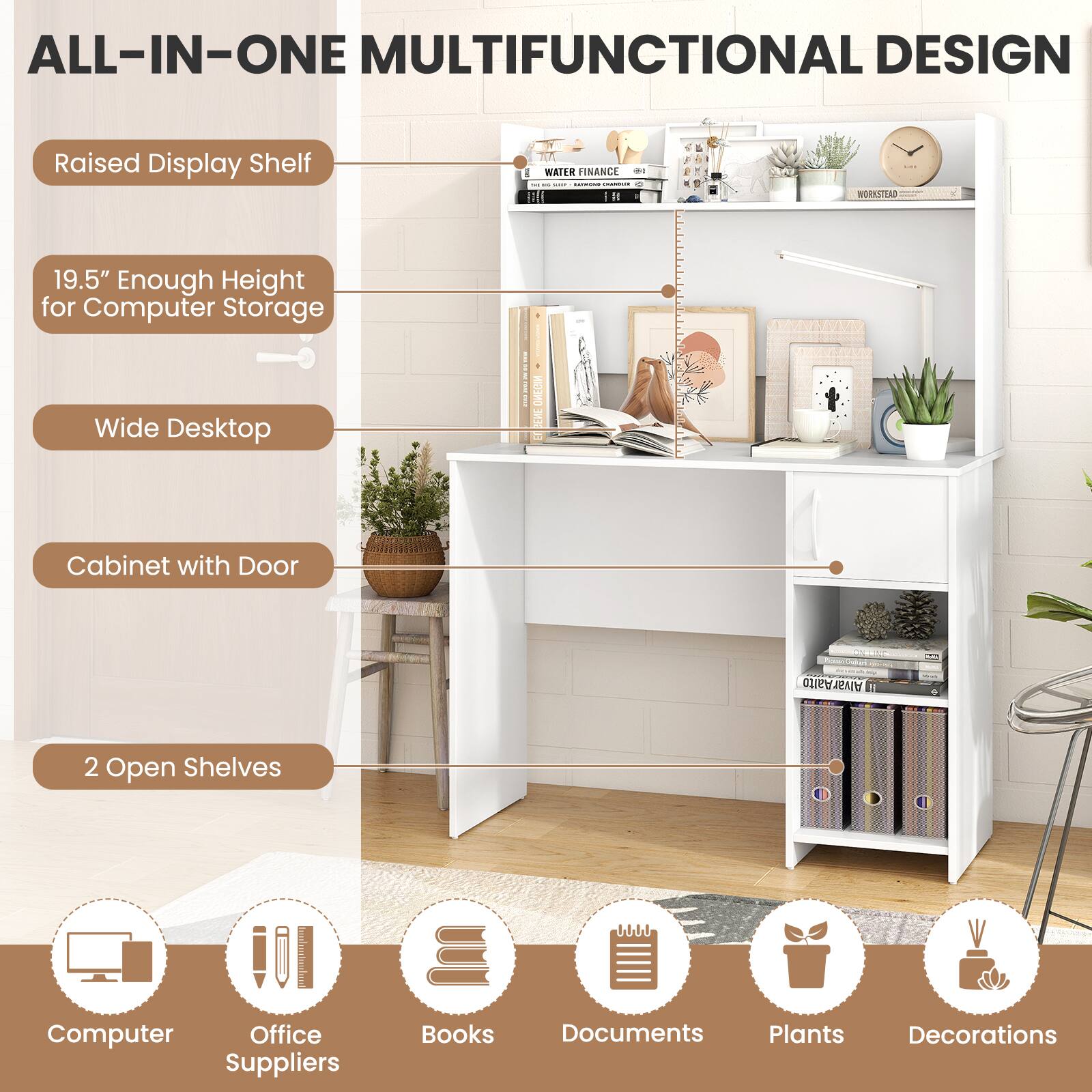 ALL-IN-ONE MULTIFUNCTIONAL DESIGN

Raised Display Shelf

19.5" Enough Height for Computer Storage

Wide Desktop

Cabinet with Door

2 Open Shelves

Computer Office Suppliers Books Documents Plants Decorations