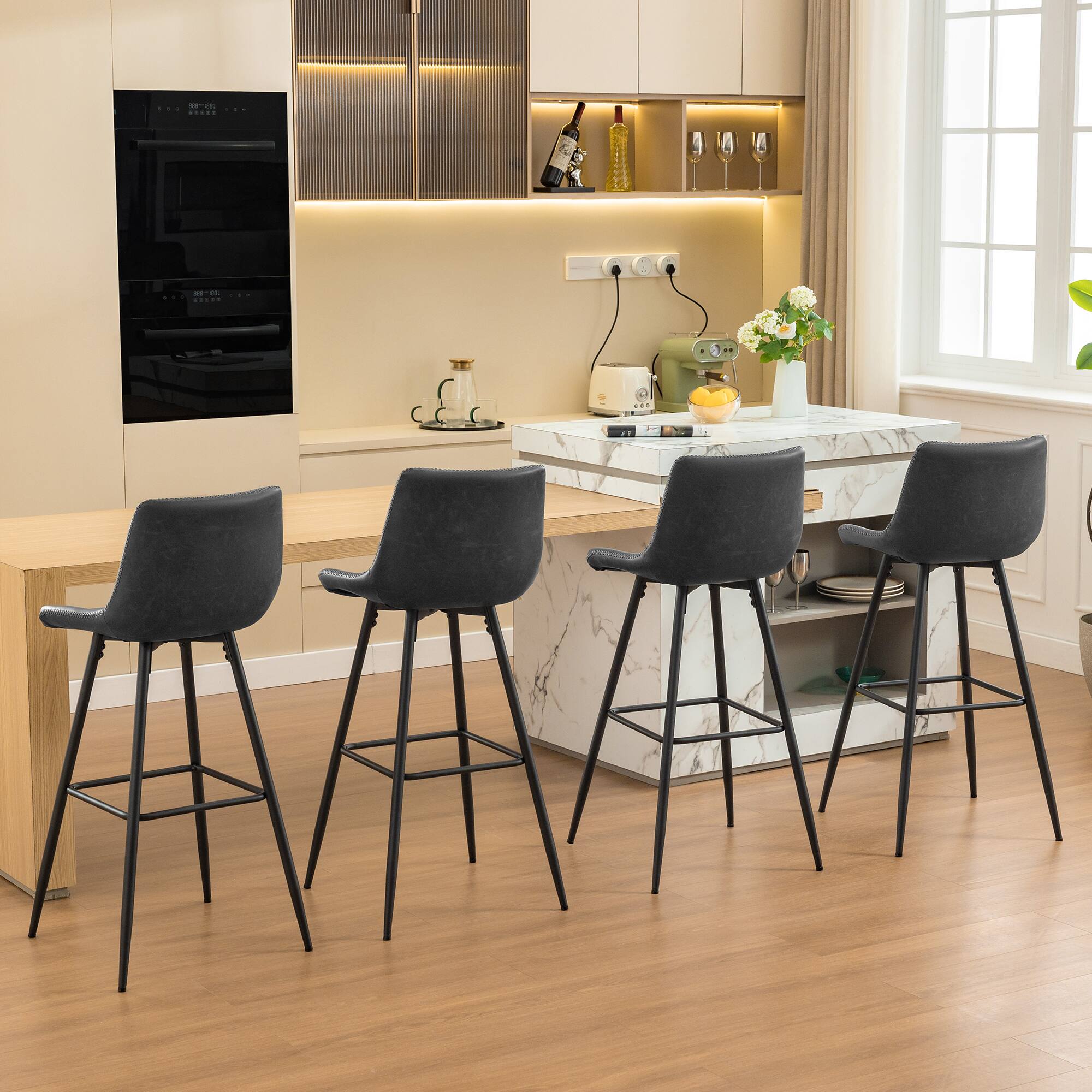 Alt View 4. KERDOM - 4pcs Bar Stools with Back, 24/28 inches Height Counter Bar Chair, PU Leather Armless Kitchen Island High Dining Chair - 28‘’ Height - Grey.