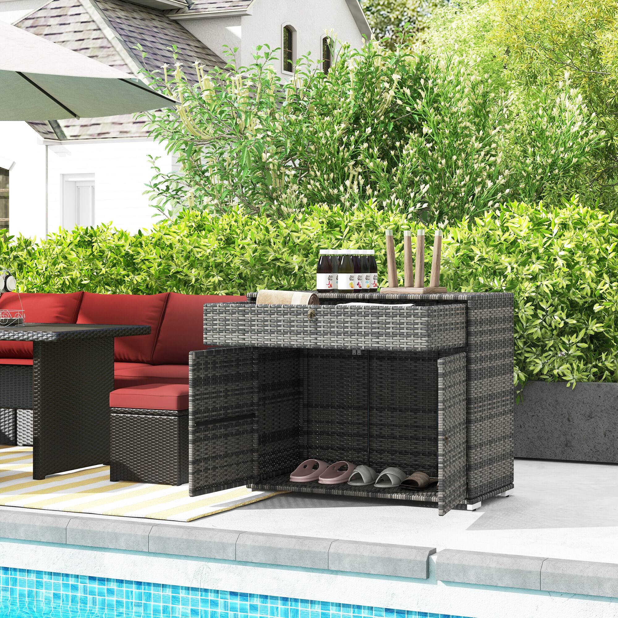 Alt View 1. Outsunny - Outdoor Storage Cabinet, Hot Tub Accessory Storage, Freestanding PE Rattan Wicker Cabinet with Drawer for Indoor - Gray.