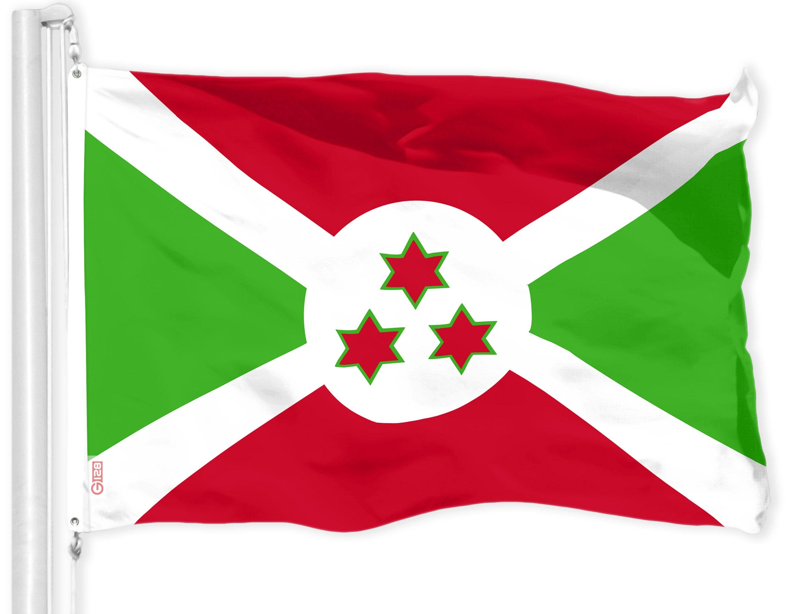 Front. G128 - Burundi (Umurundi) Flag — 3x5 ft 150D Heavyweight Polyester, Brass Grommets, Indoor/Outdoor. - Assorted Colors.