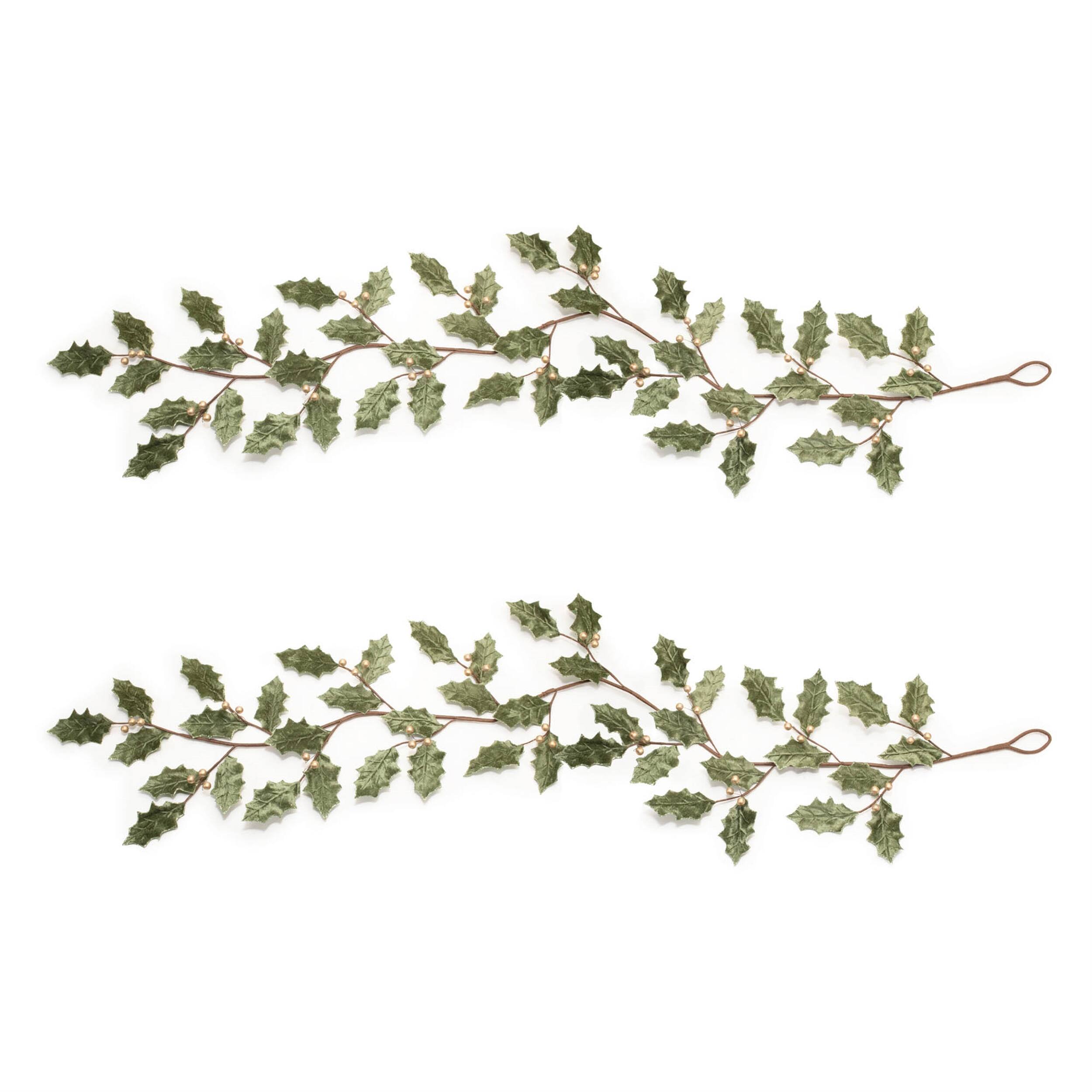 Left. BreeBe - Glittered Holly Leaf Garland (Set of 2) - Green, Gold.