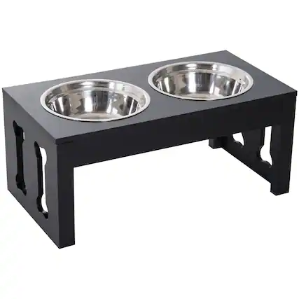 Front. Pawhut - 23" Modern Decorative Dog Bone Wooden Heavy Duty Pet Food Bowl Elevated Feeding Station - Black.