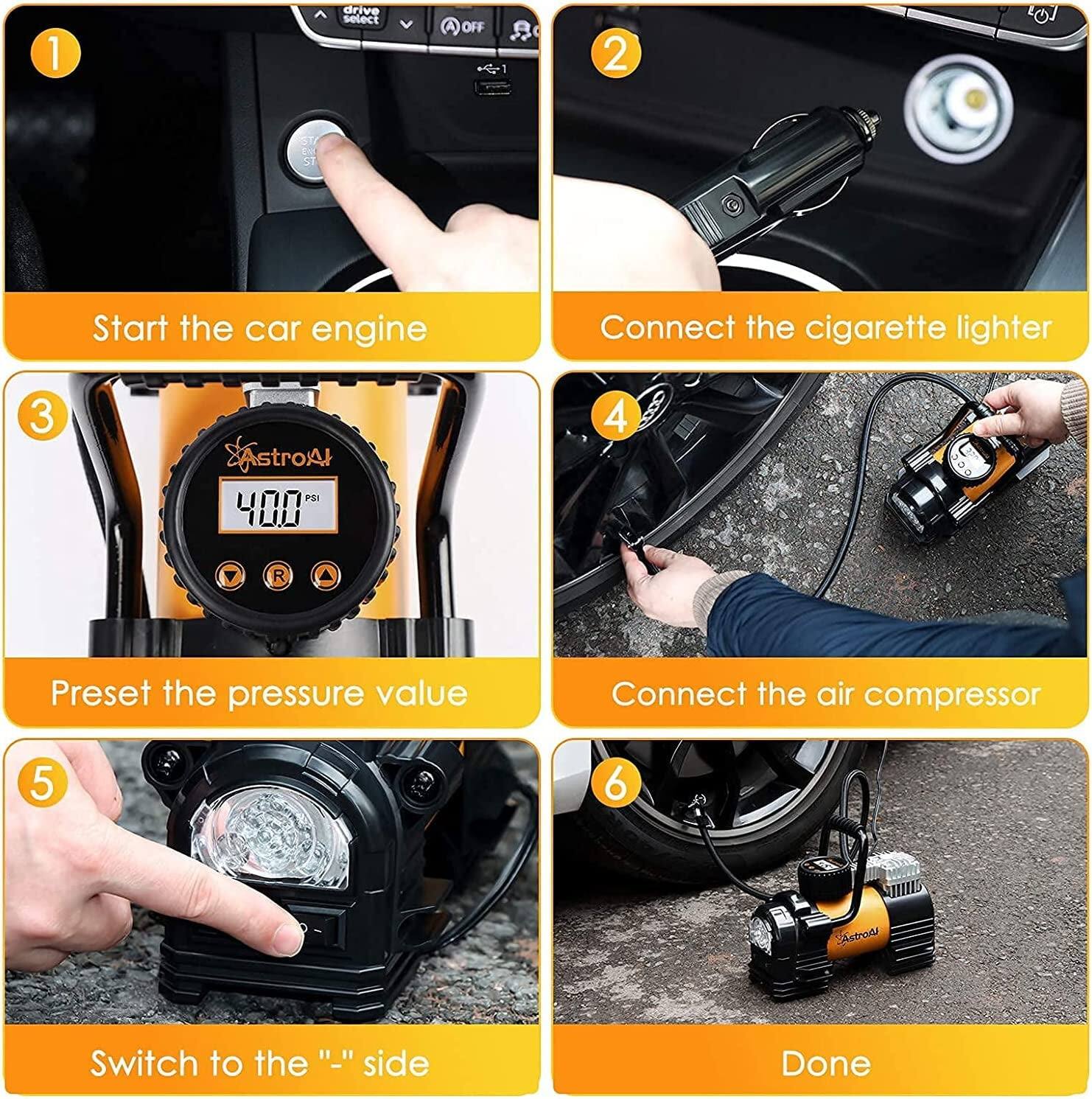 1. Start the car engine
2. Connect the cigarette lighter
3. Preset the pressure value
4. Connect the air compressor
5. Switch to the "-" side
6. Done
